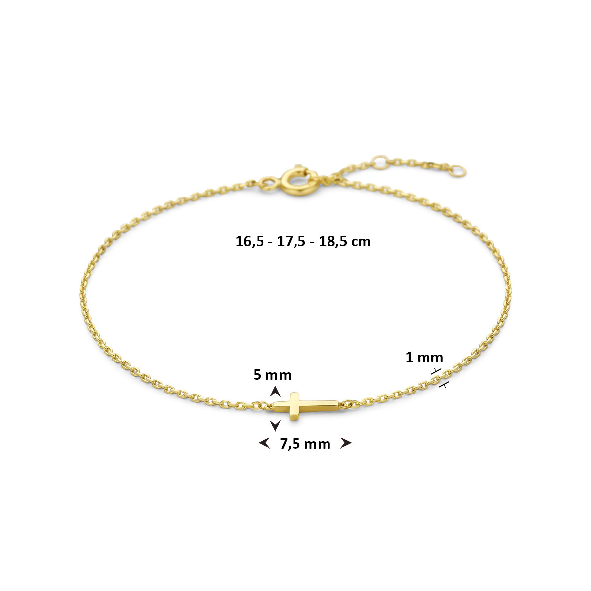 Gouden armband met 14-karaat kruisje 1 mm breed - Lengte 16.5-17.5-18.5 cm