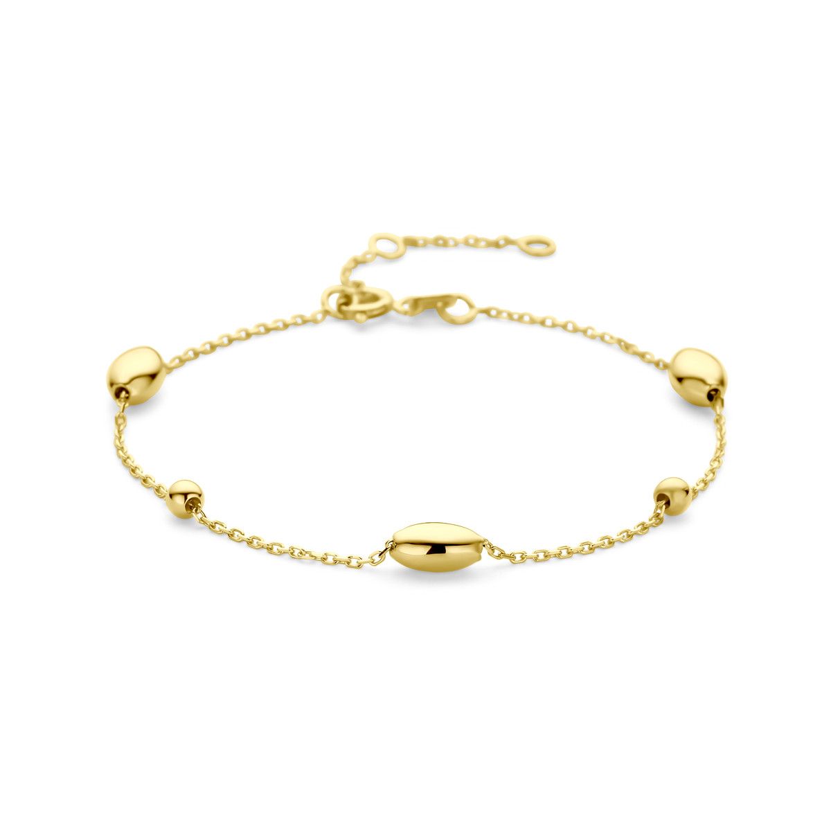 Gouden armband met diverse ovaaltjes en bolletjes - Lengte 16 cm, 17.5 cm, 19 cm