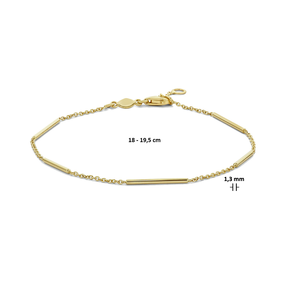 Gouden armband met fijne balkjes 1.3 mm - Lengte 18 - 19.5 cm