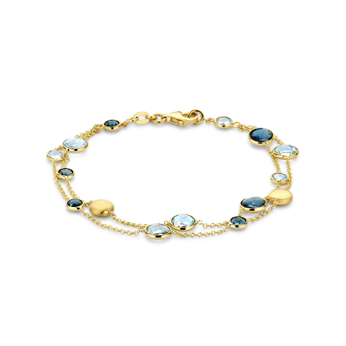 Gouden armband met gouden rondjes en blauwe topaas rondjes - Lengte 19 cm