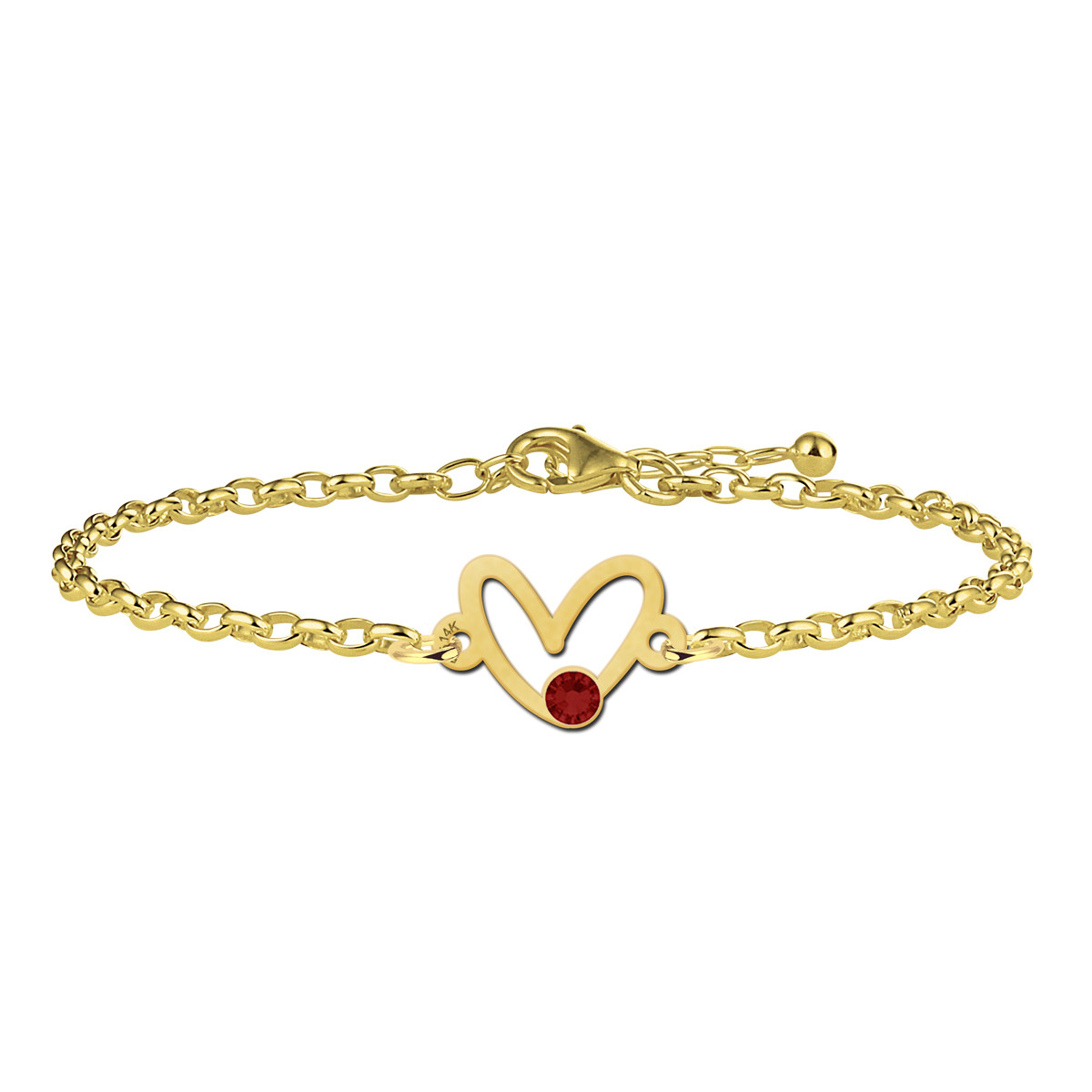 Gouden armband met open hart en geboortesteen - Lengte 17-20 cm
