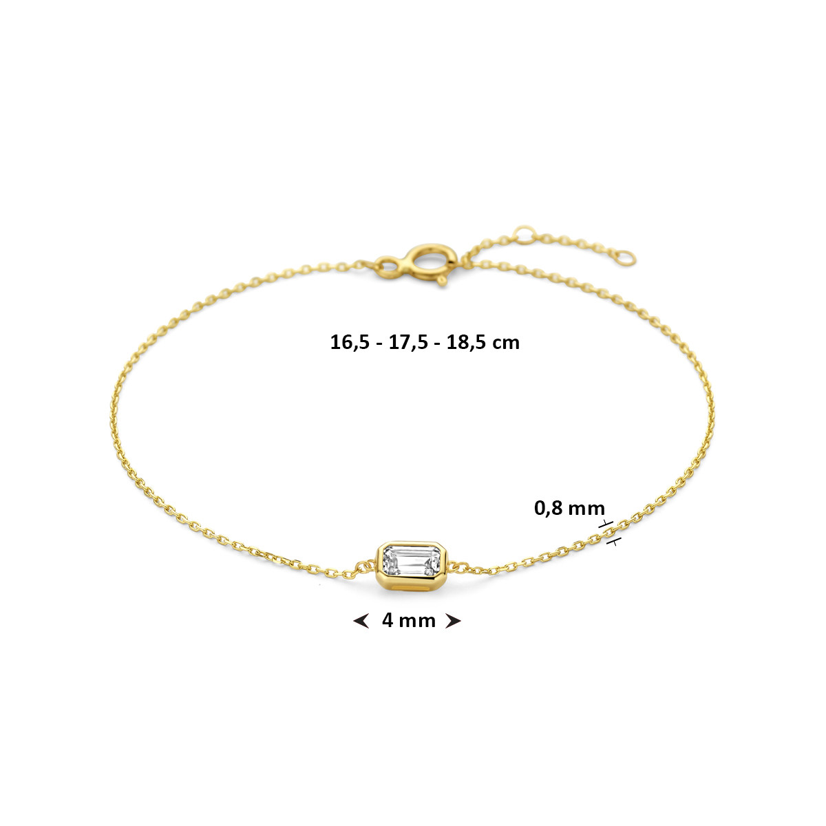 Gouden armband met rechthoekige zirkonia 14-karaat 0.8 mm breed - Lengte 16.5-17.5-18.5 cm