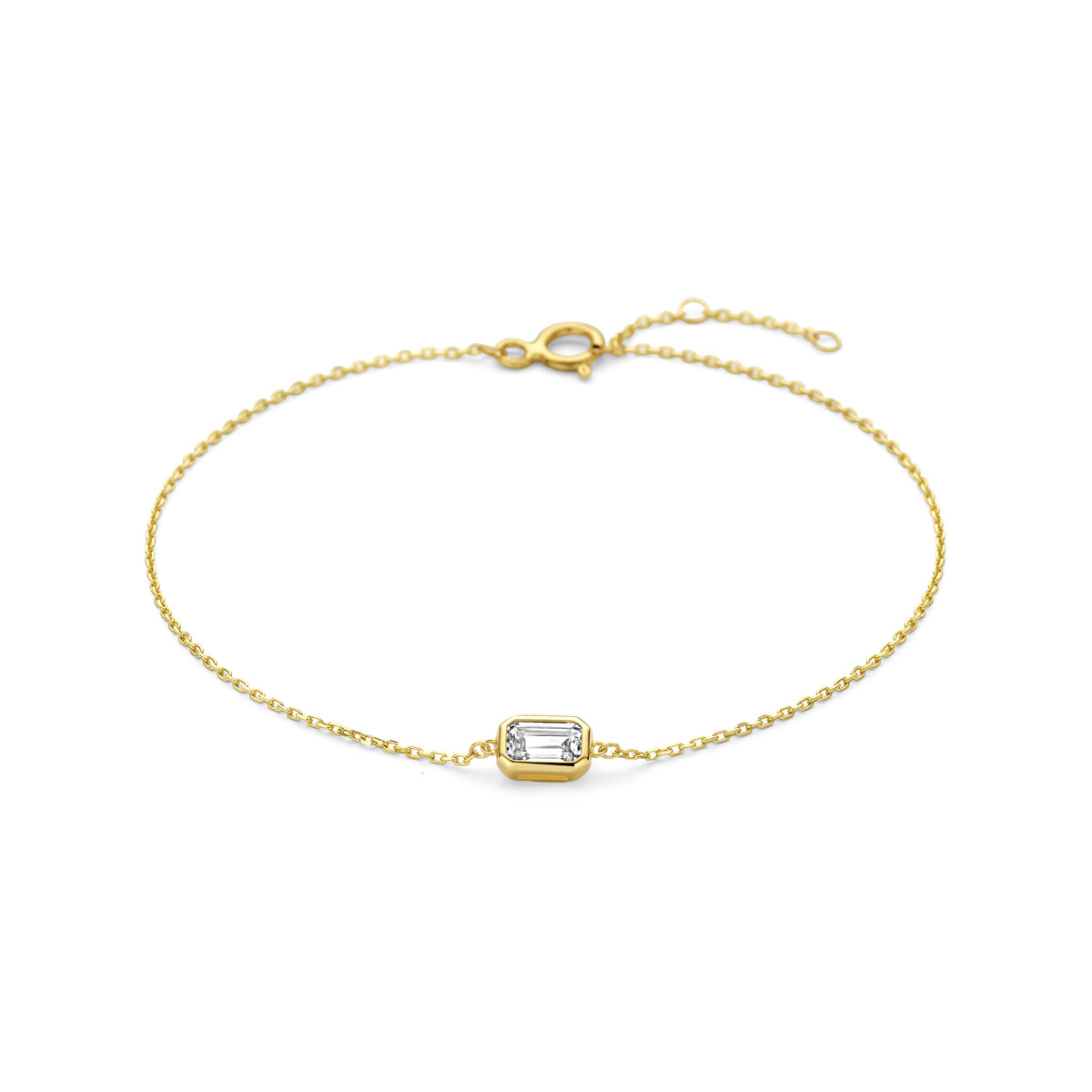 Gouden armband met rechthoekige zirkonia 14-karaat 0.8 mm breed - Lengte 16.5-17.5-18.5 cm