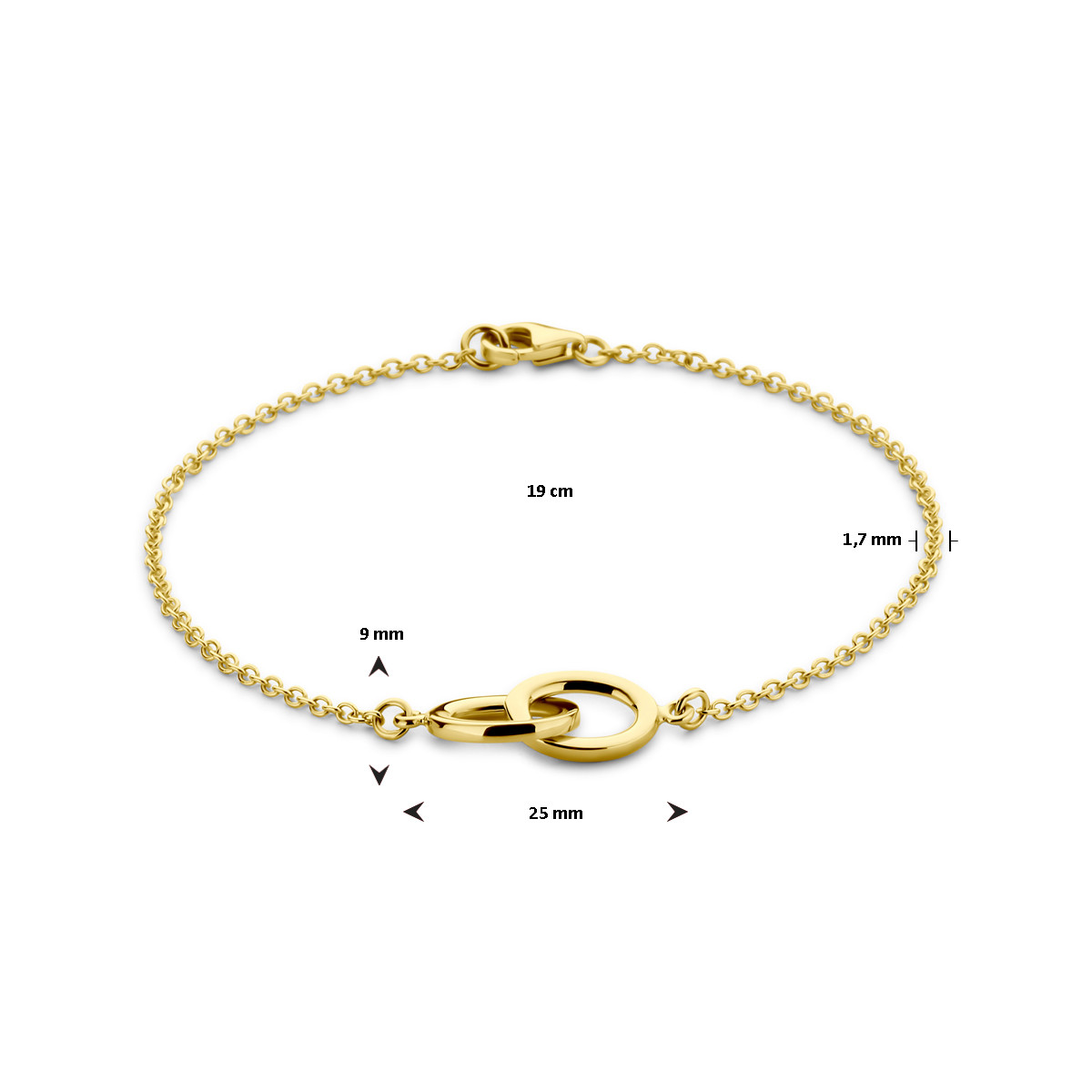Gouden armband met twee in elkaar verweven cirkels - Lengte 19 cm