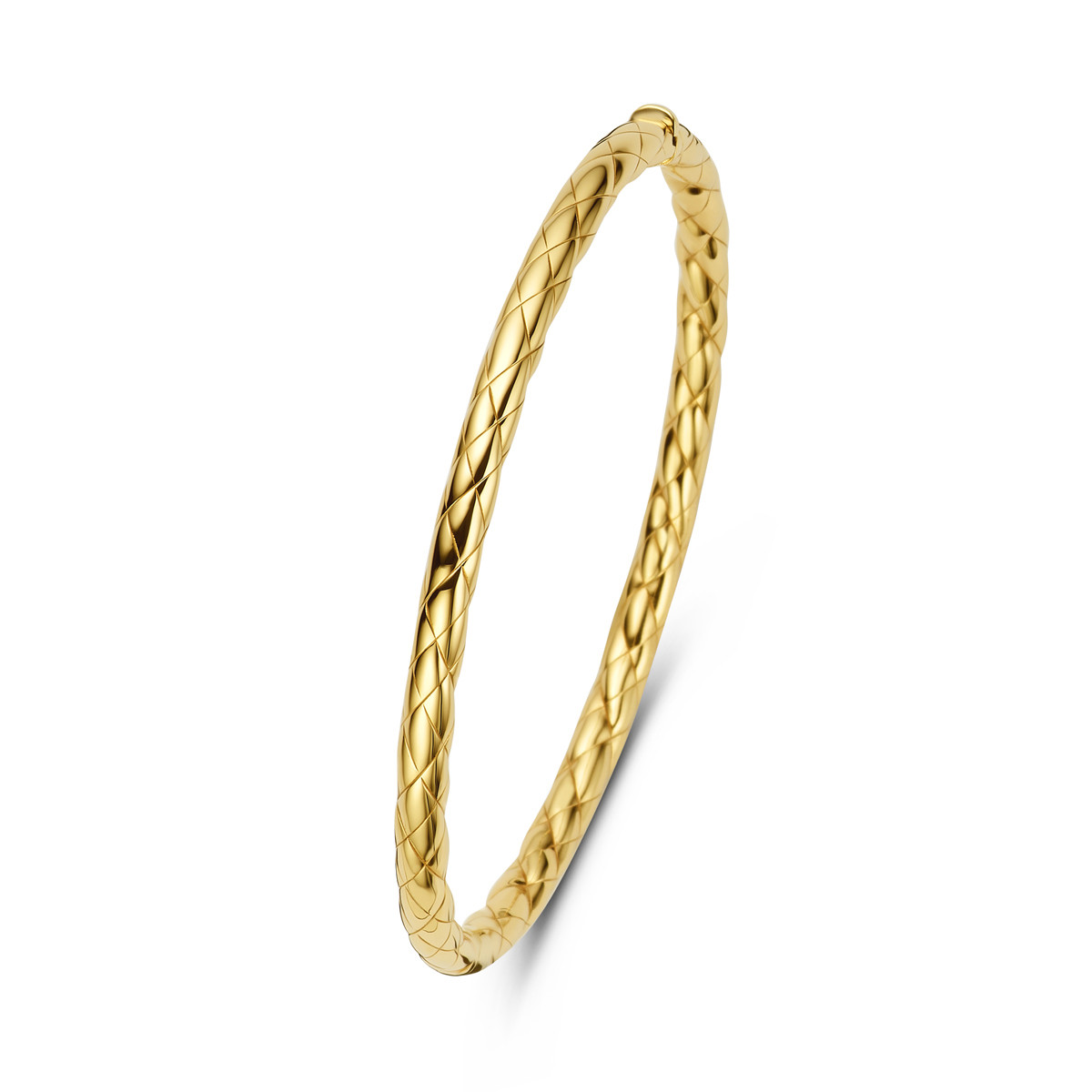 Gouden bangle met ronde buis en gestreepte bewerking 4 mm breed - Diameter 60 mm