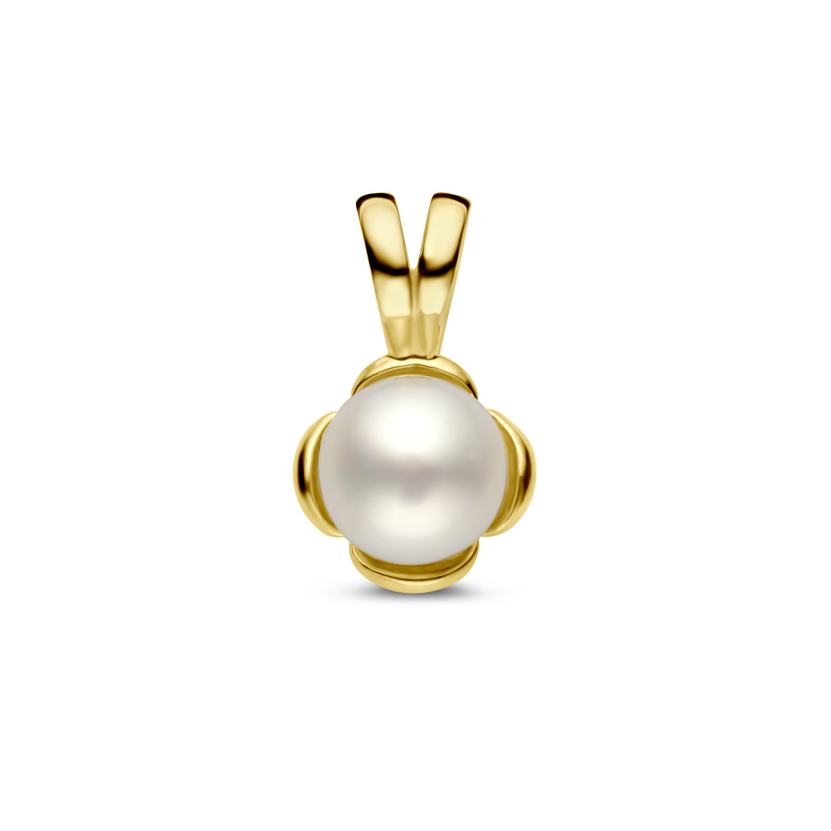 Gouden bloem hanger met witte zoetwaterparel 5 mm - Hoogte 10.5 mm