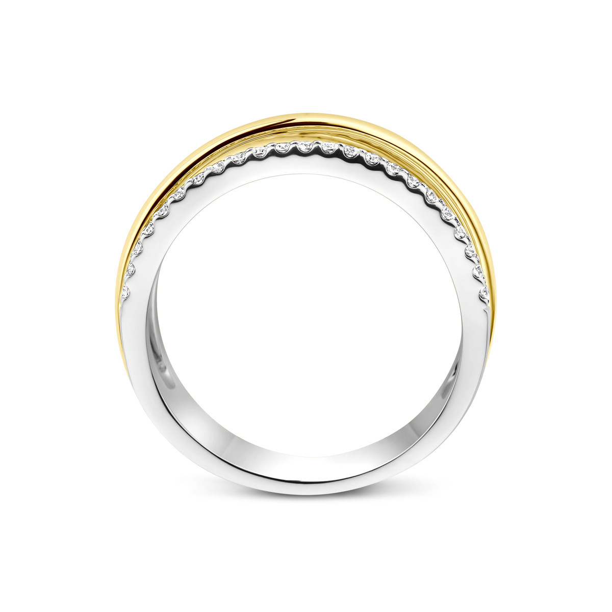 Gouden crossover ring met 2 witgouden diamanten banen 0.28 crt 8 mm breed