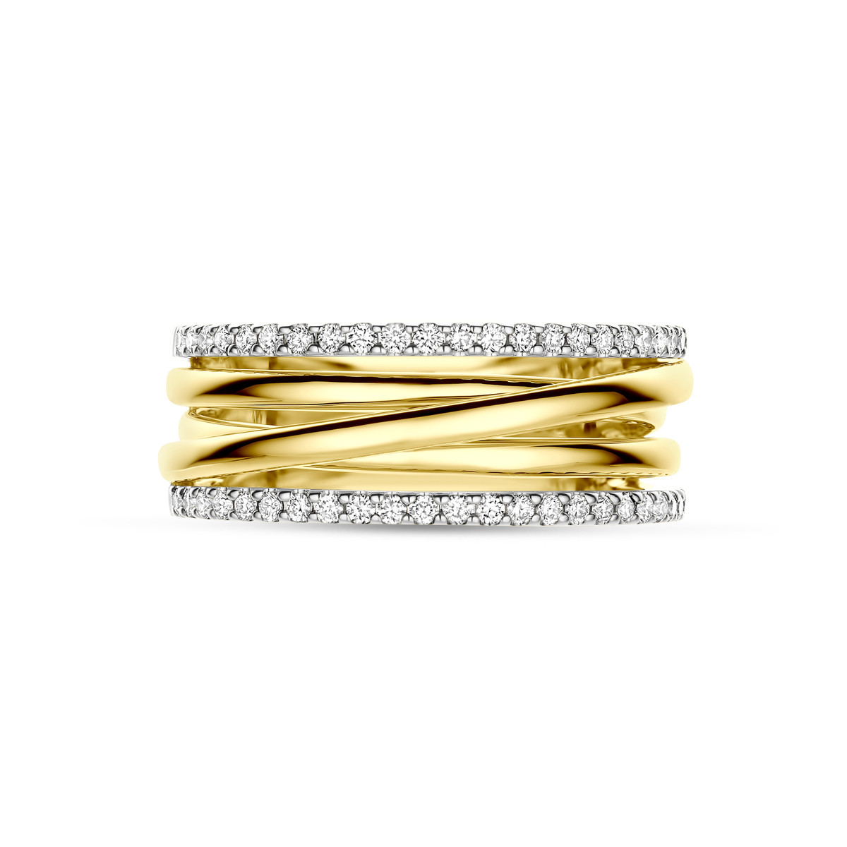 Gouden crossover ring met 2 witgouden diamanten banen 0.28 crt 8 mm breed