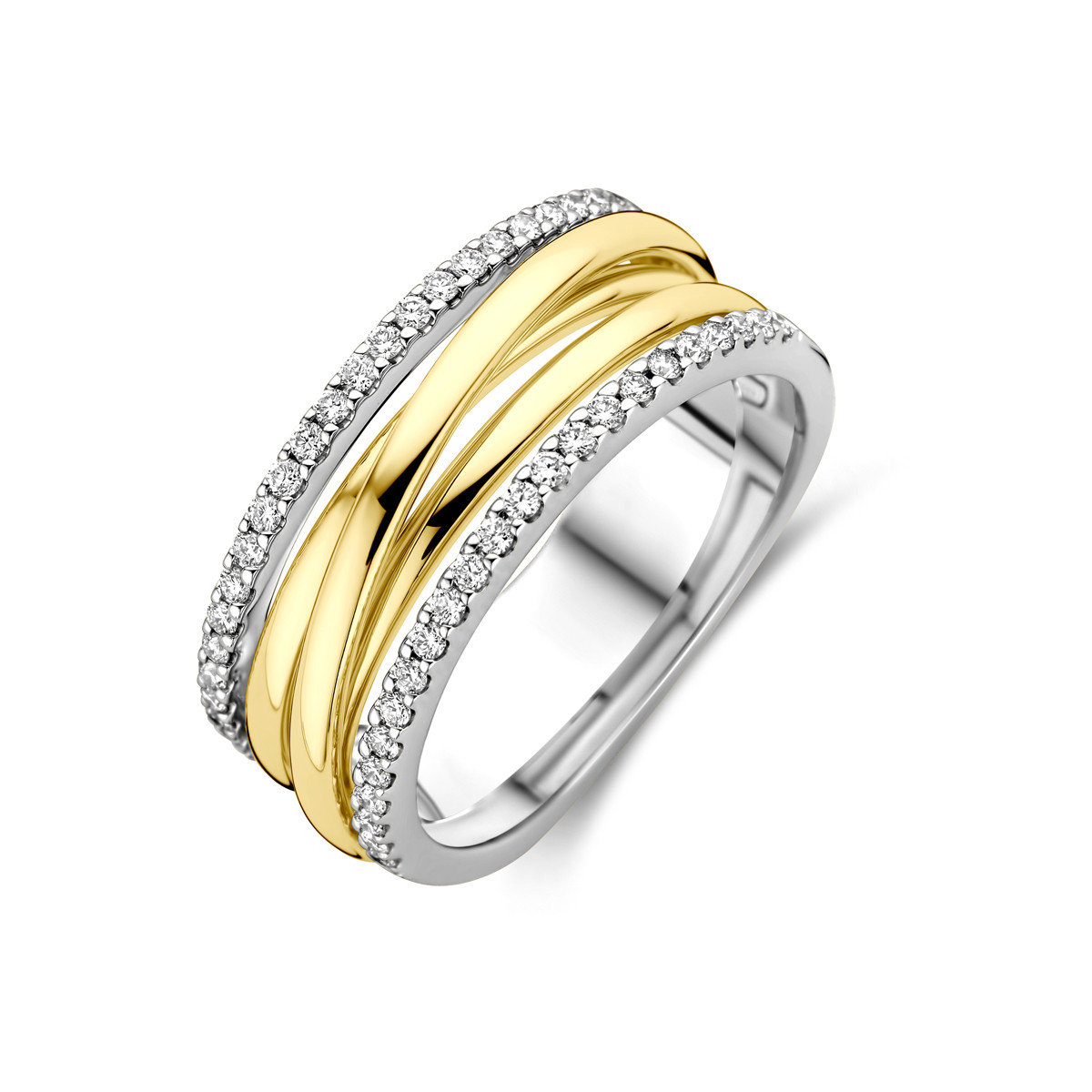 Gouden crossover ring met 2 witgouden diamanten banen 0.28 crt 8 mm breed