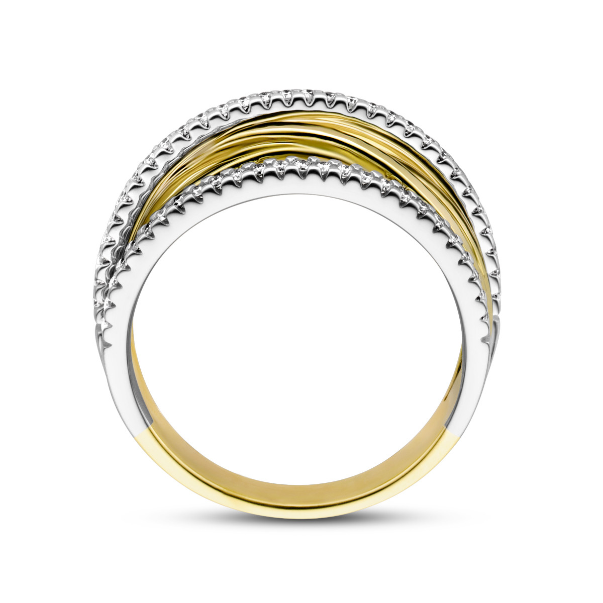 Gouden crossover ring met vijf rijen en diamanten 0.25 crt
