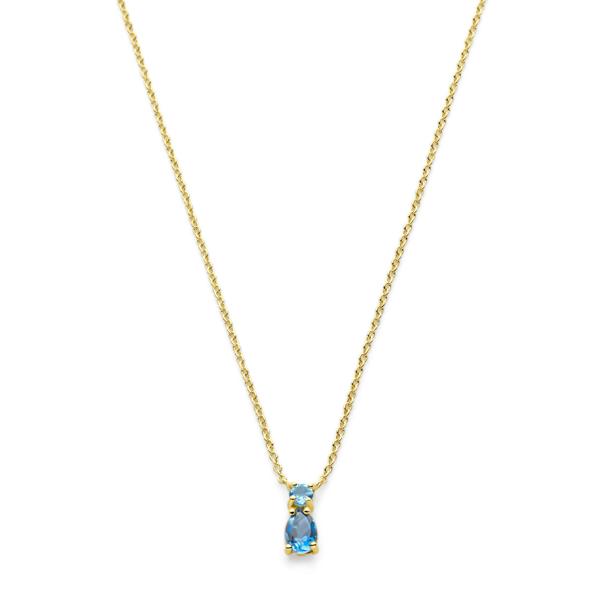Gouden druppel ketting met London blue en sky blue topaas - Lengte 41 cm, 43 cm, 45 cm