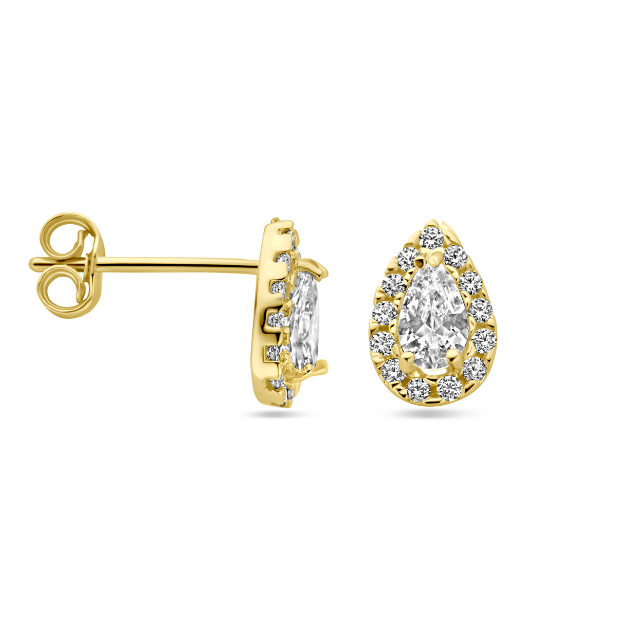 Gouden druppeloorknopjes met transparante zirkoniastenen - 5.5 mm x 8.5 mm