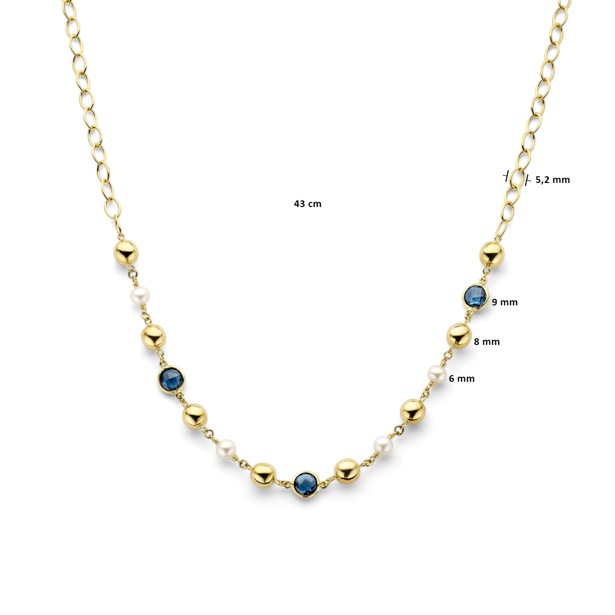 Gouden edelsteen ketting met bolletjes, parels en London blue topaas - Lengte 43 cm