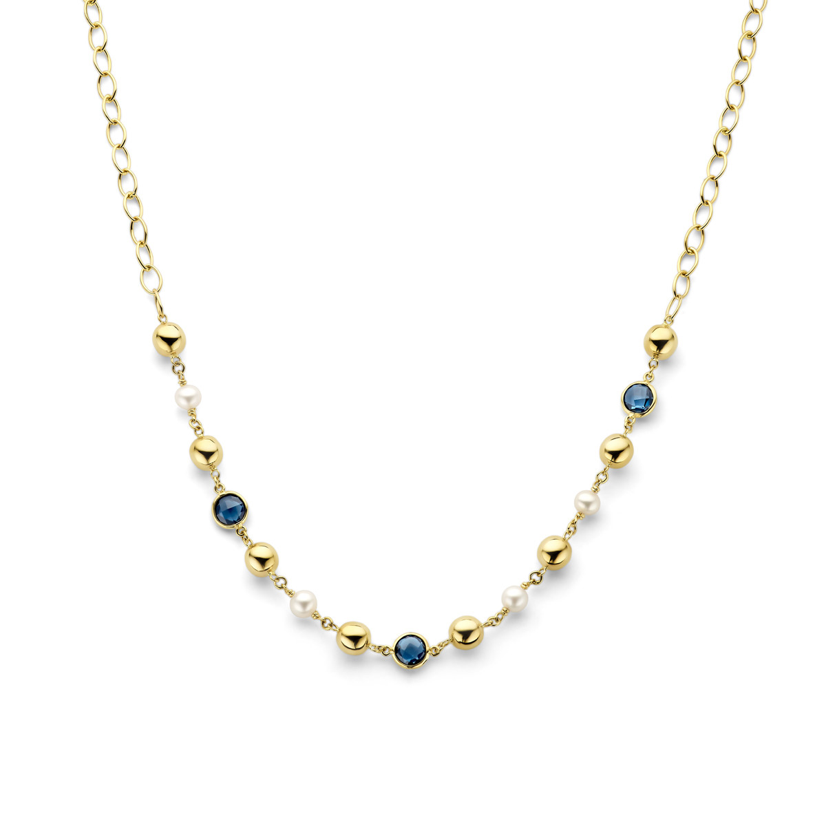 Gouden edelsteen ketting met bolletjes, parels en London blue topaas - Lengte 43 cm