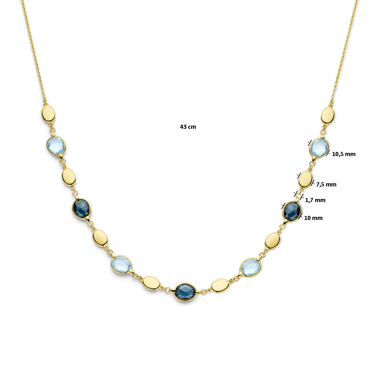 Gouden edelsteen ketting met London blue en sky blue en topaas - Lengte 43 cm