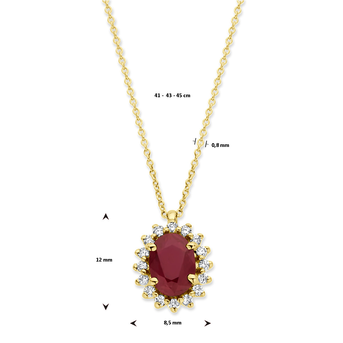 Gouden edelsteen ketting met ovale robijn en diamant 0.12 crt - Lengte 41-43-45 cm