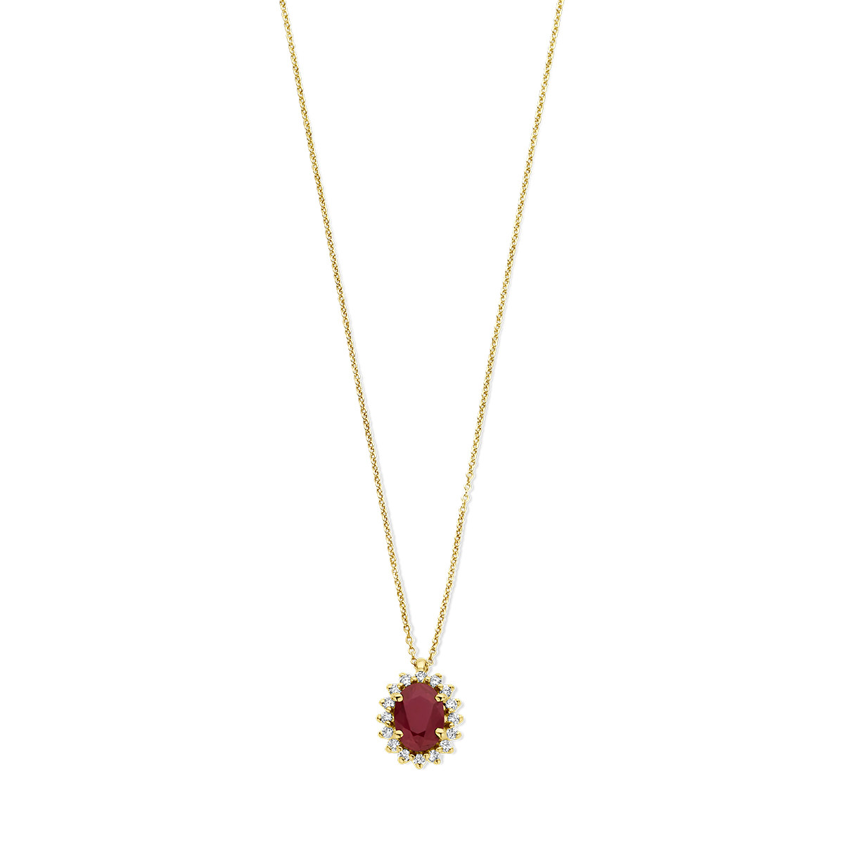 Gouden edelsteen ketting met ovale robijn en diamant 0.12 crt - Lengte 41-43-45 cm