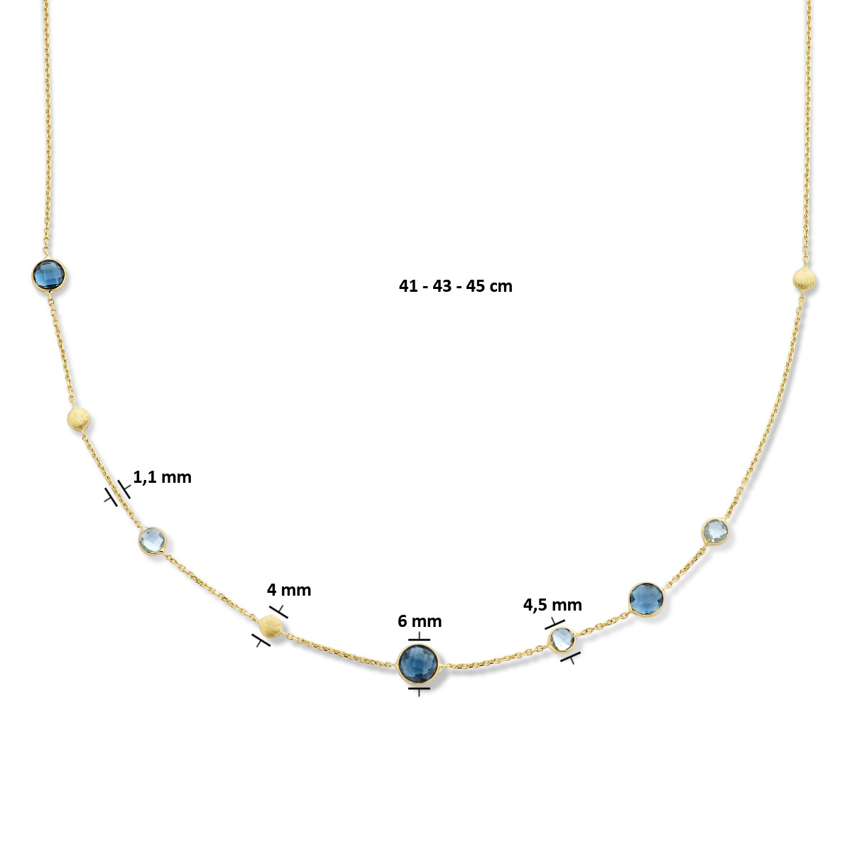 Gouden edelsteen ketting met ronde London blue en lichtblauwe topaas - Lengte 41-43-45 cm