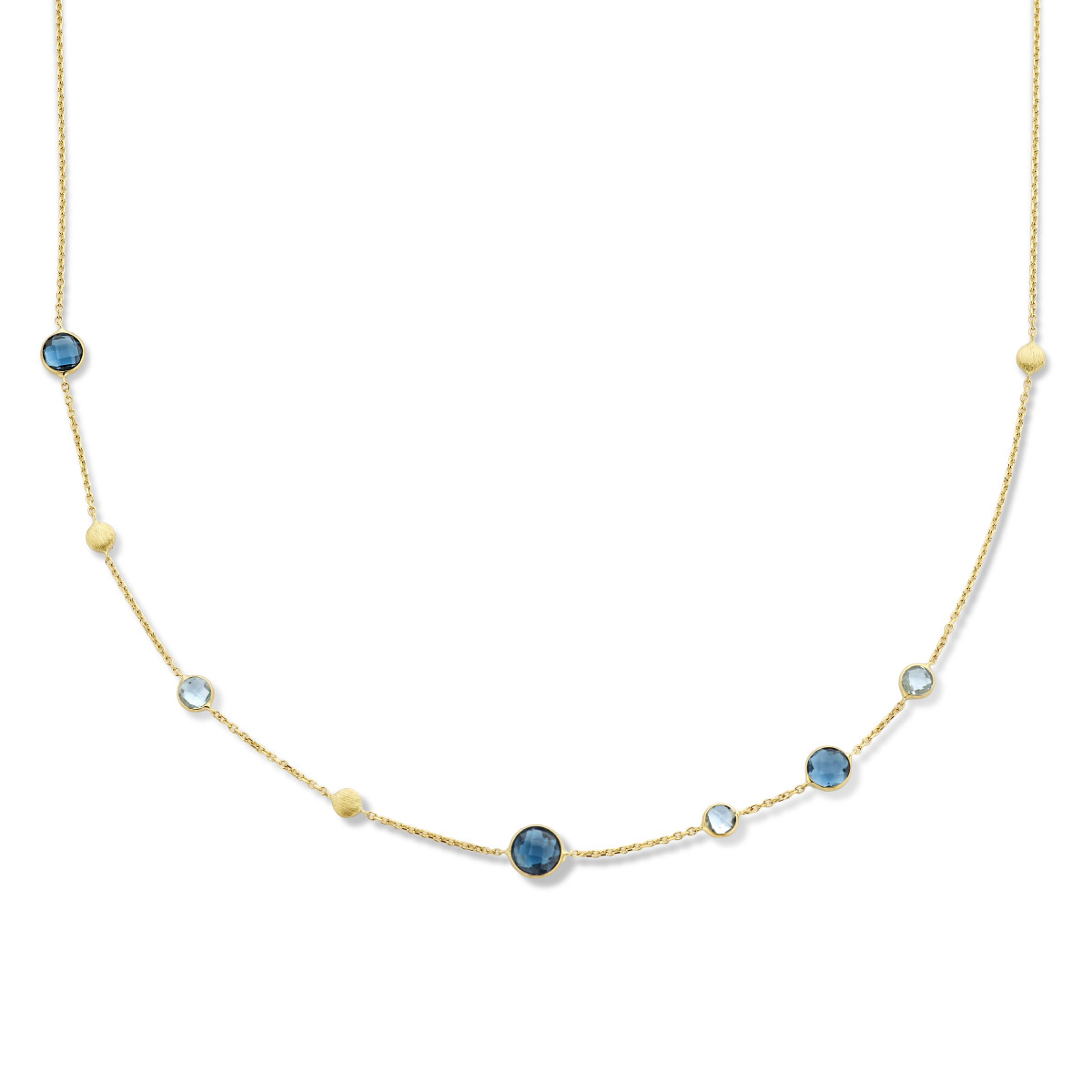 Gouden edelsteen ketting met ronde London blue en lichtblauwe topaas - Lengte 41-43-45 cm
