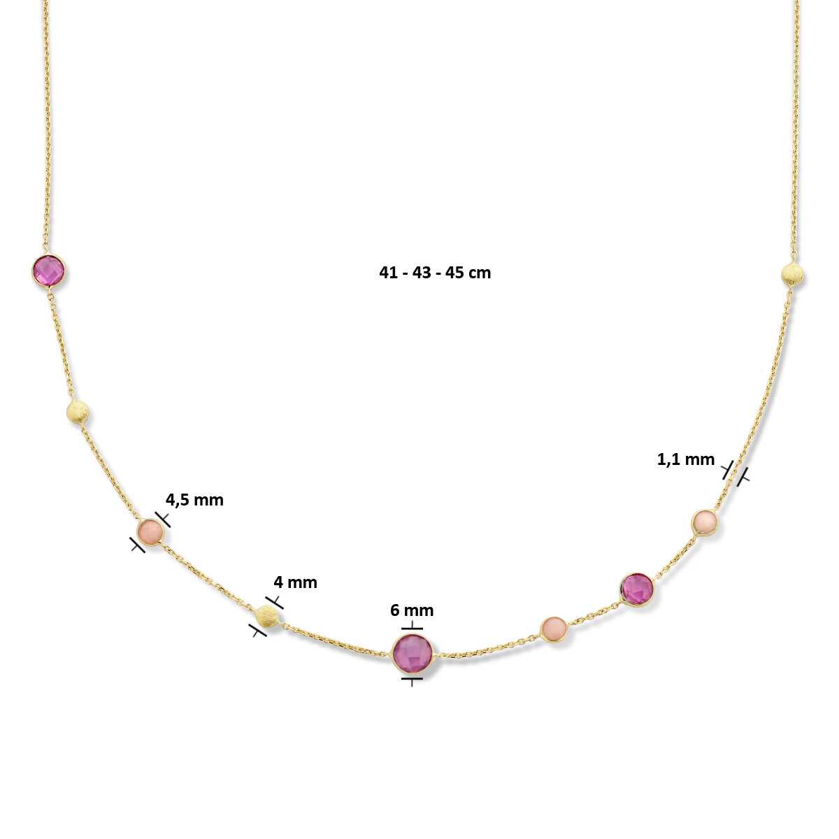 Gouden edelsteen ketting met ronde opaal en robijn in het roze en rood - Lengte 41-43-45 cm