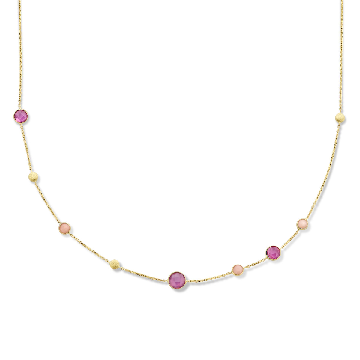 Gouden edelsteen ketting met ronde opaal en robijn in het roze en rood - Lengte 41-43-45 cm