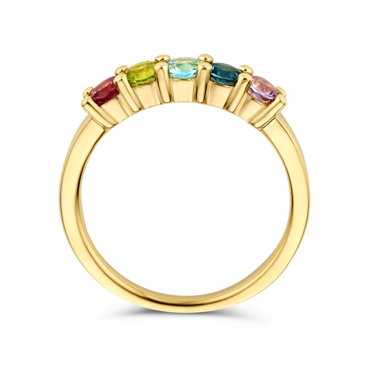Gouden edelsteen ring met peridoot  London blue topaas  blauw topaas  amethist en rhodoliet