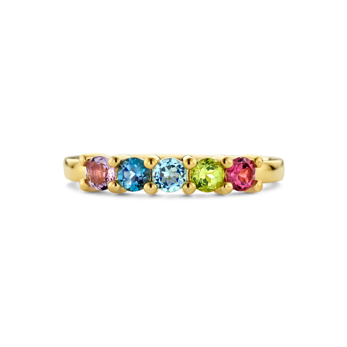 Gouden edelsteen ring met peridoot  London blue topaas  blauw topaas  amethist en rhodoliet