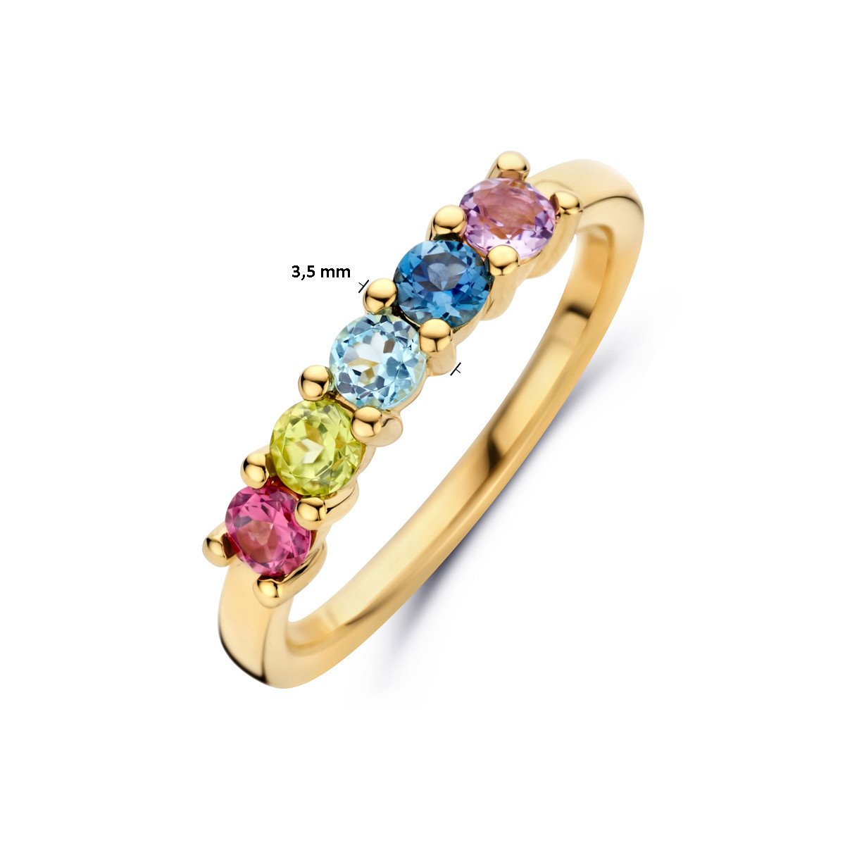 Gouden edelsteen ring met peridoot  London blue topaas  blauw topaas  amethist en rhodoliet