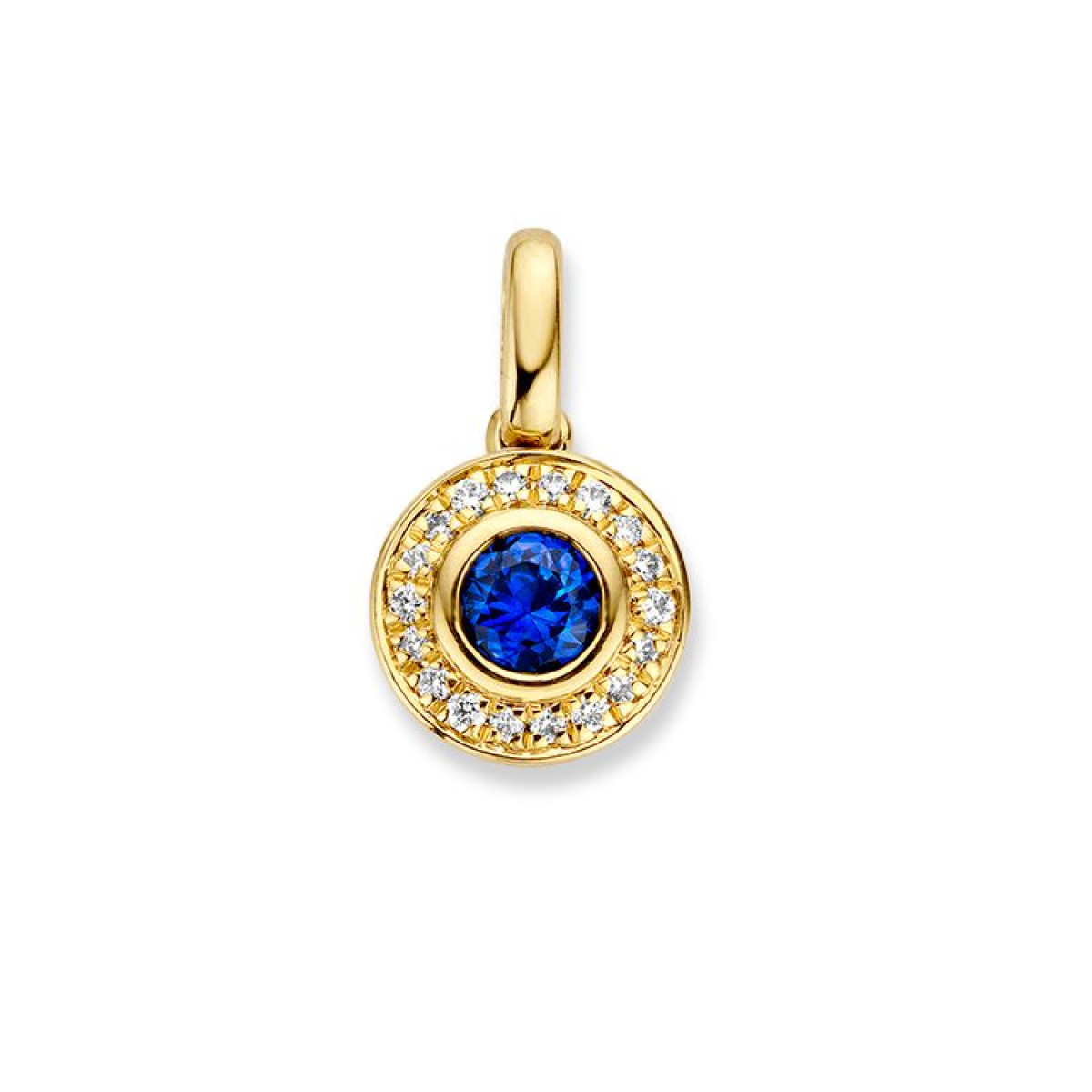 Gouden entouragehanger met prachtige saffier en diamanten