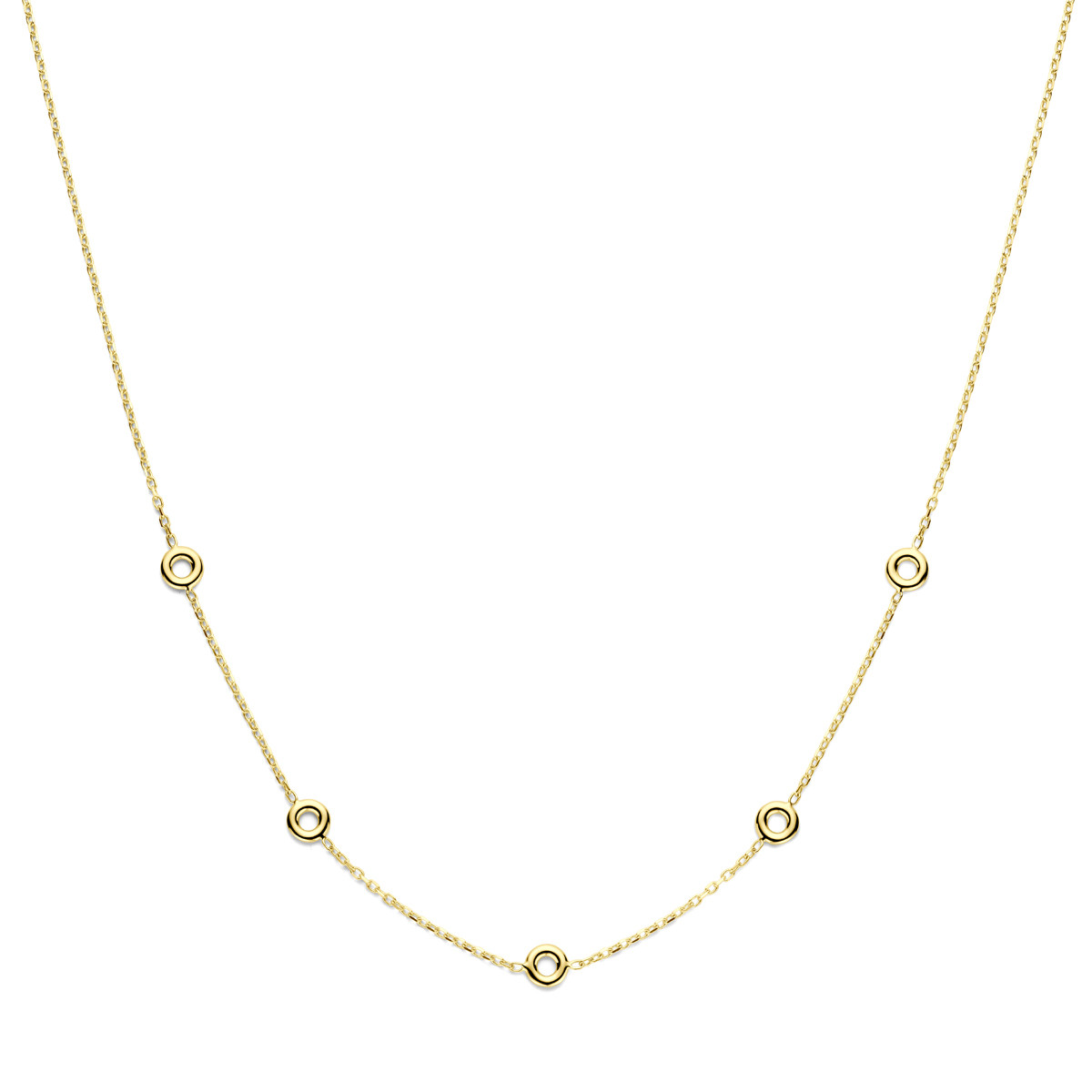 Gouden fijne schakelketting met ronde hangers glanzend - Lengte 43 cm