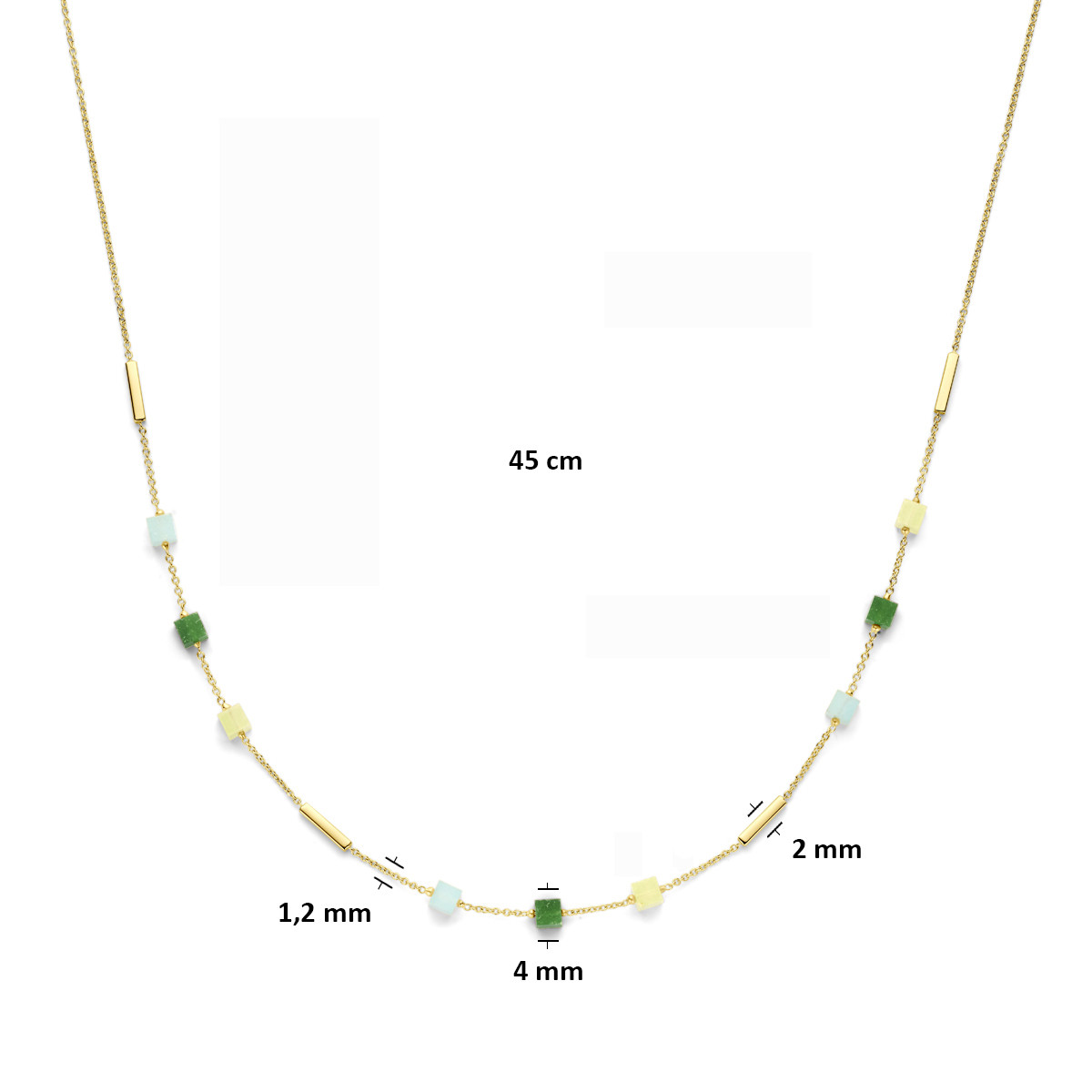 Gouden glanzende ketting met blauwe en groene kwartsiet hangers 4 mm - Lengte 45 cm