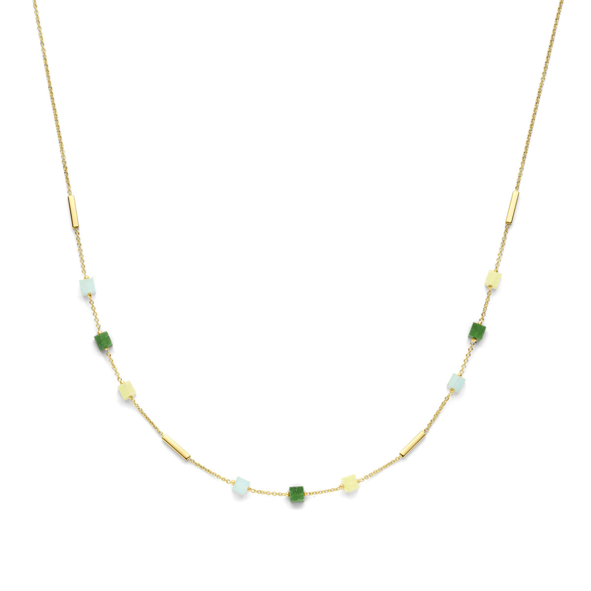 Gouden glanzende ketting met blauwe en groene kwartsiet hangers 4 mm - Lengte 45 cm