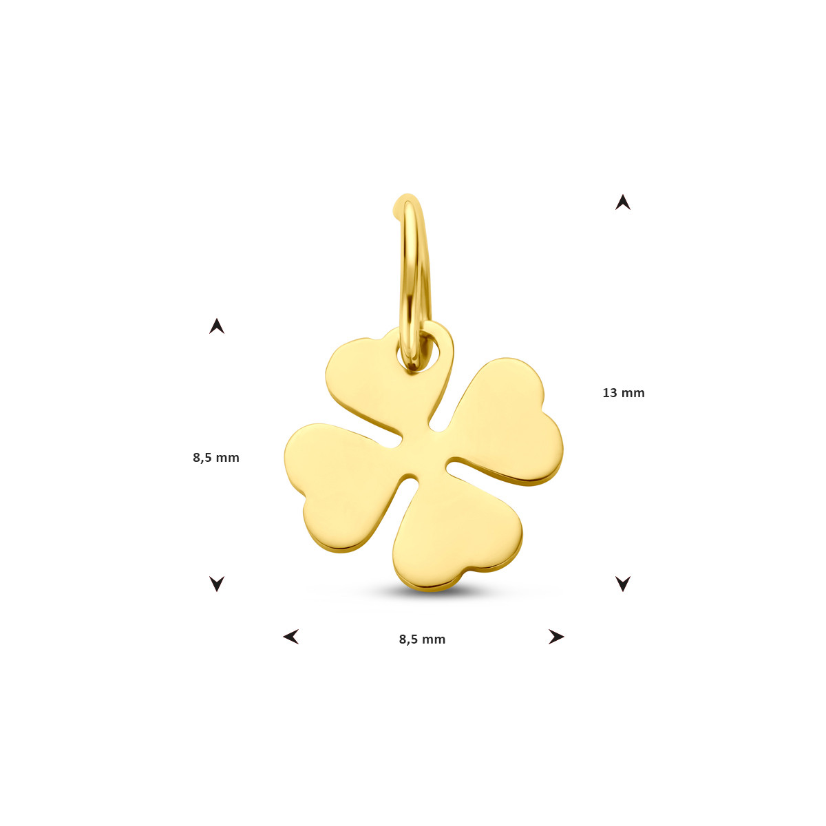 Gouden graveerhanger glanzend klavertje vier 8.5-11 mm breed - Hoogte 13-15 mm