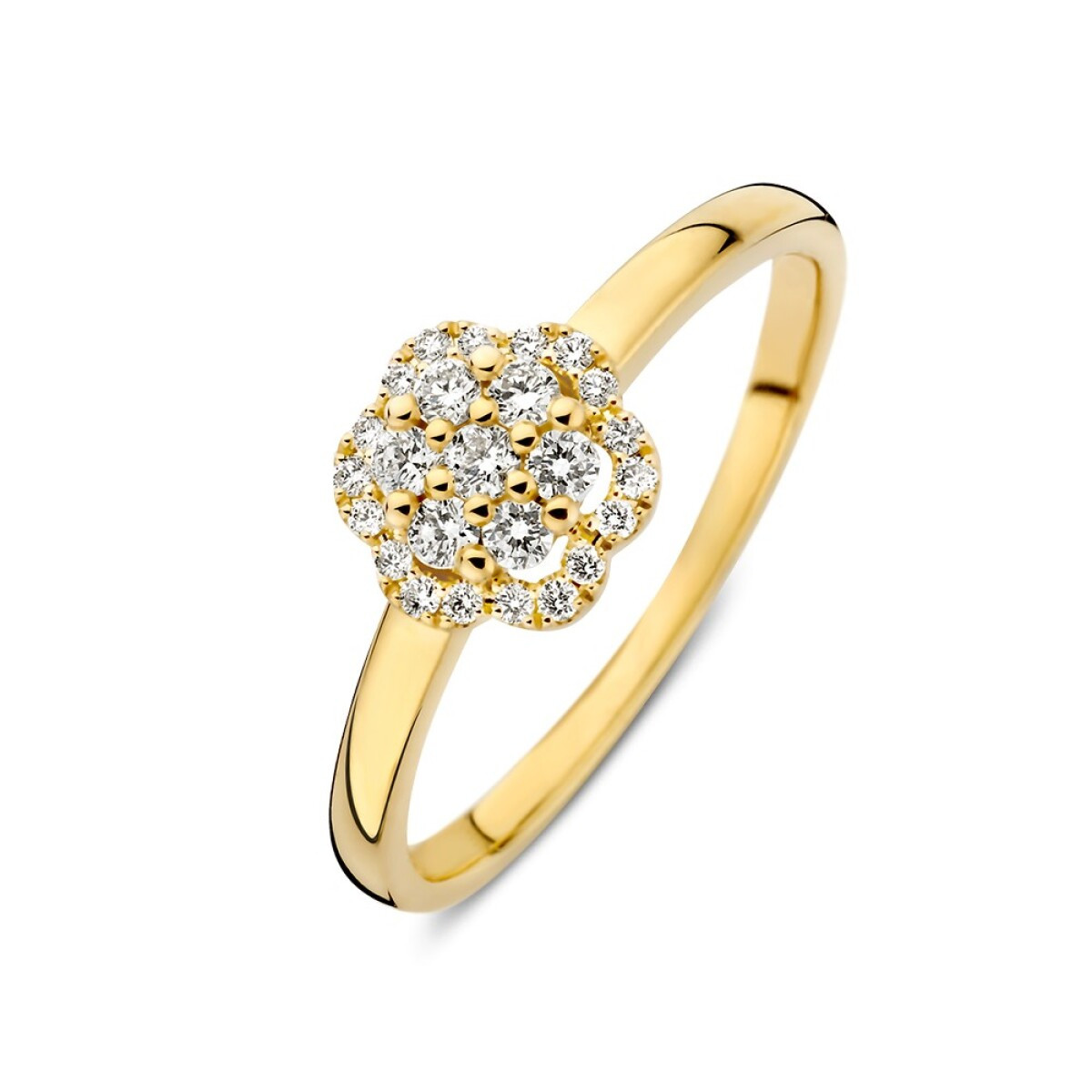 Gouden halo ring bloem met 0.22 crt diamanten 7.5 mm breed