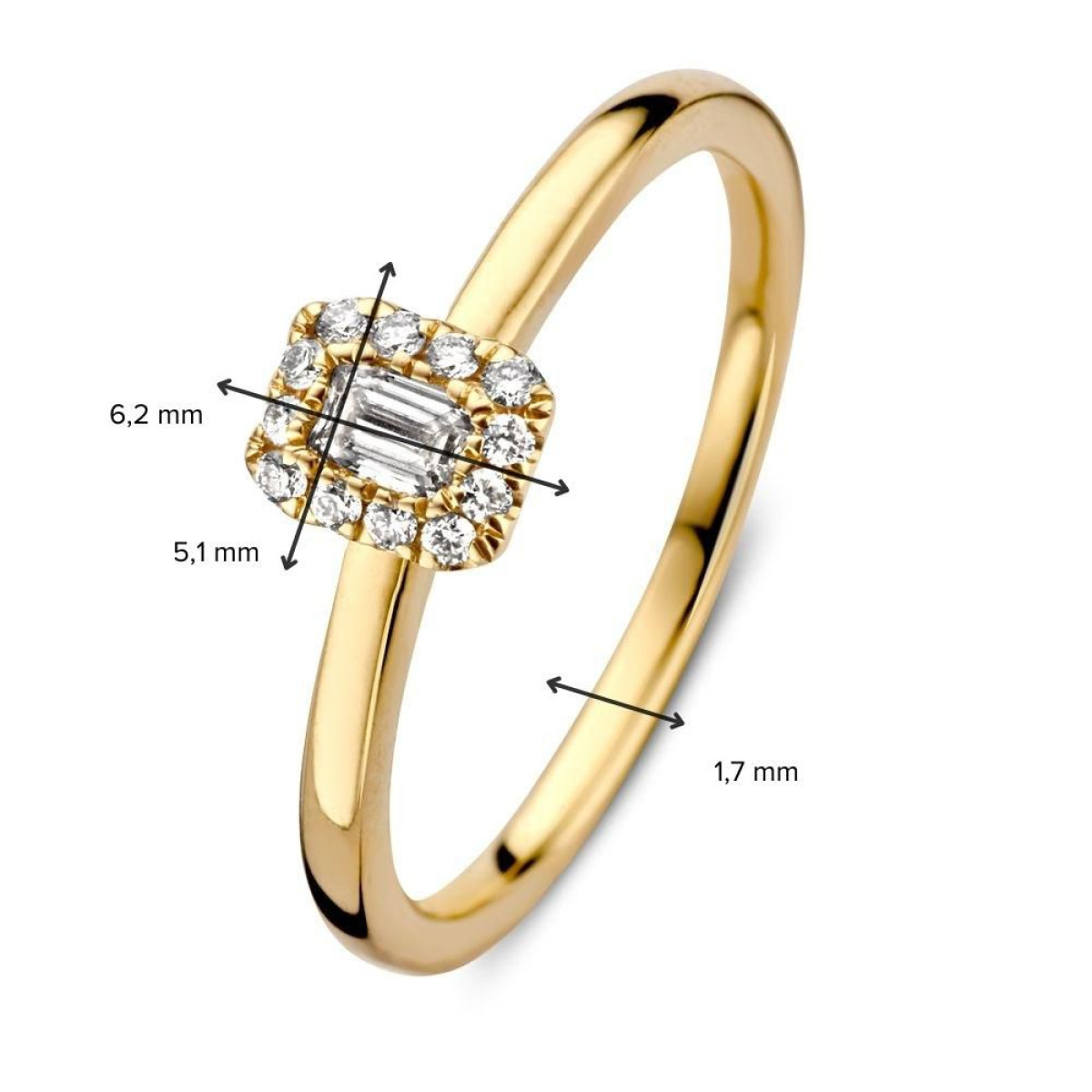 Gouden halo ring met baguette en briljant geslepen diamanten 0.24 crt