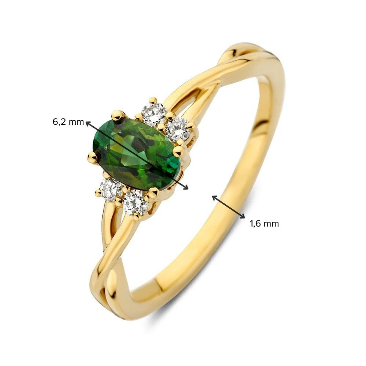 Gouden halo ring met groene ovale toermalijn en 0.09 crt diamanten 6.2 mm breed