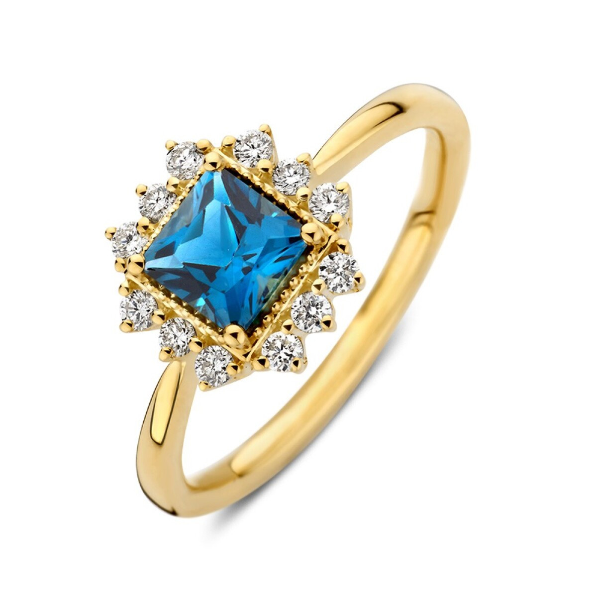 Gouden halo ring met London blue topaas 0.82 crt en 0.19 crt diamanten 10 mm breed