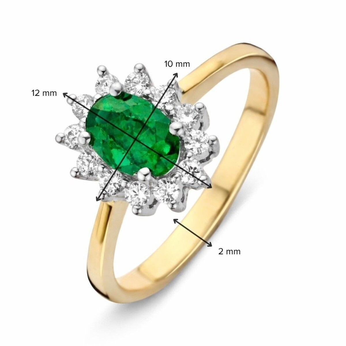 Gouden halo ring met ovale groene smaragd en 0.27 crt diamanten 12 mm breed