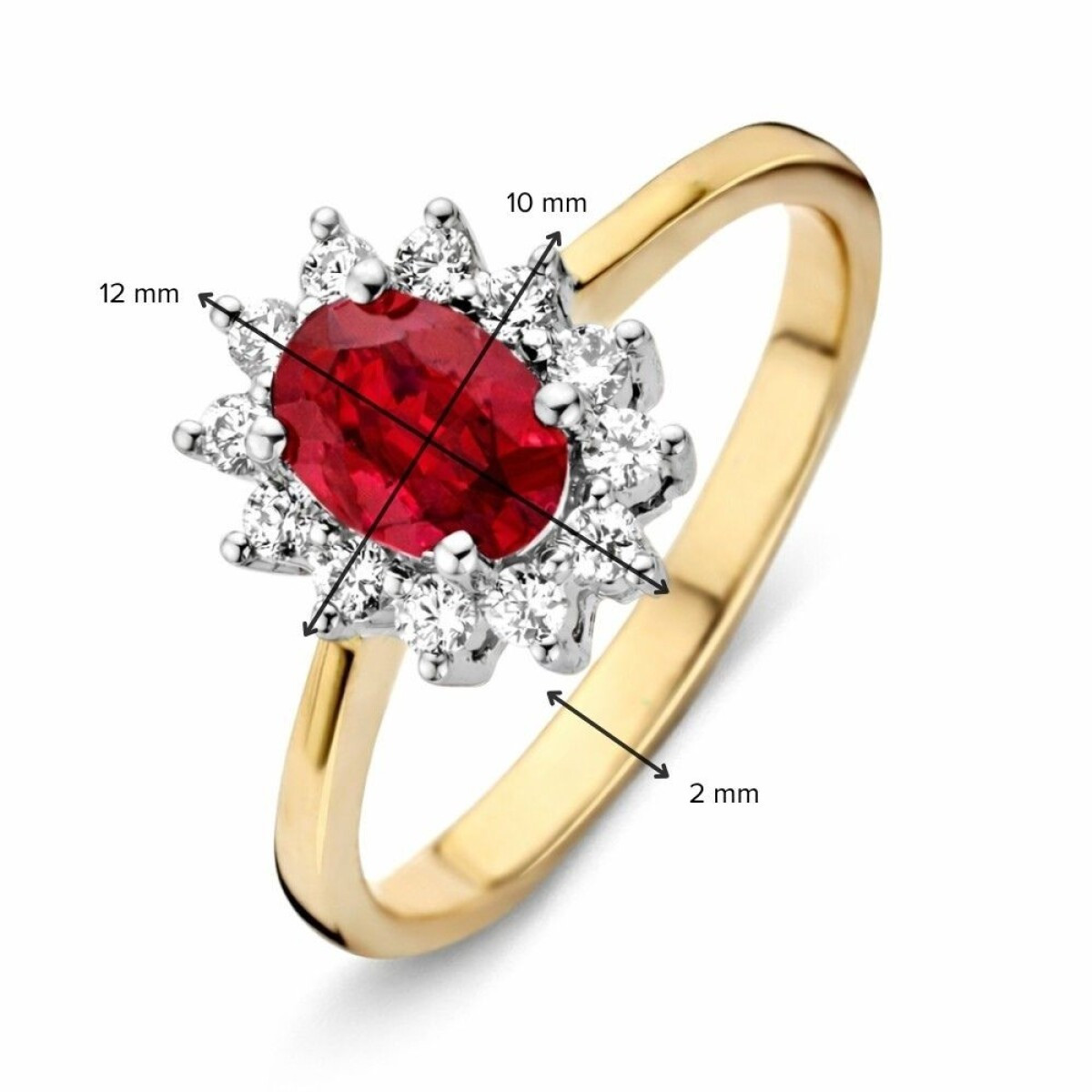 Gouden halo ring met rode ovale robijn 0.84 crt en diamant 0.27 crt 12 mm breed