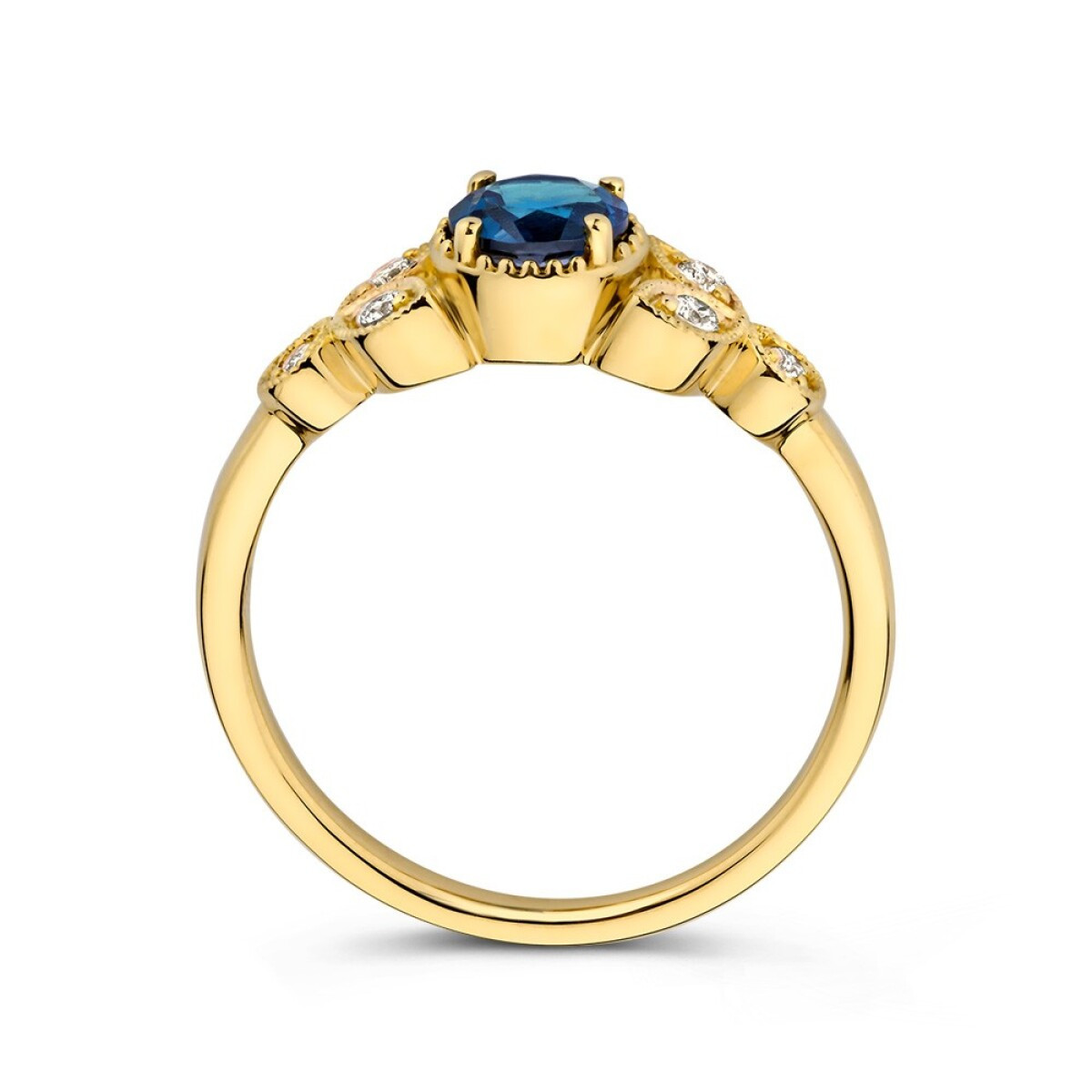 Gouden halo ring met ronde London blue topaas en 0.10 crt diamanten 6.3 mm breed