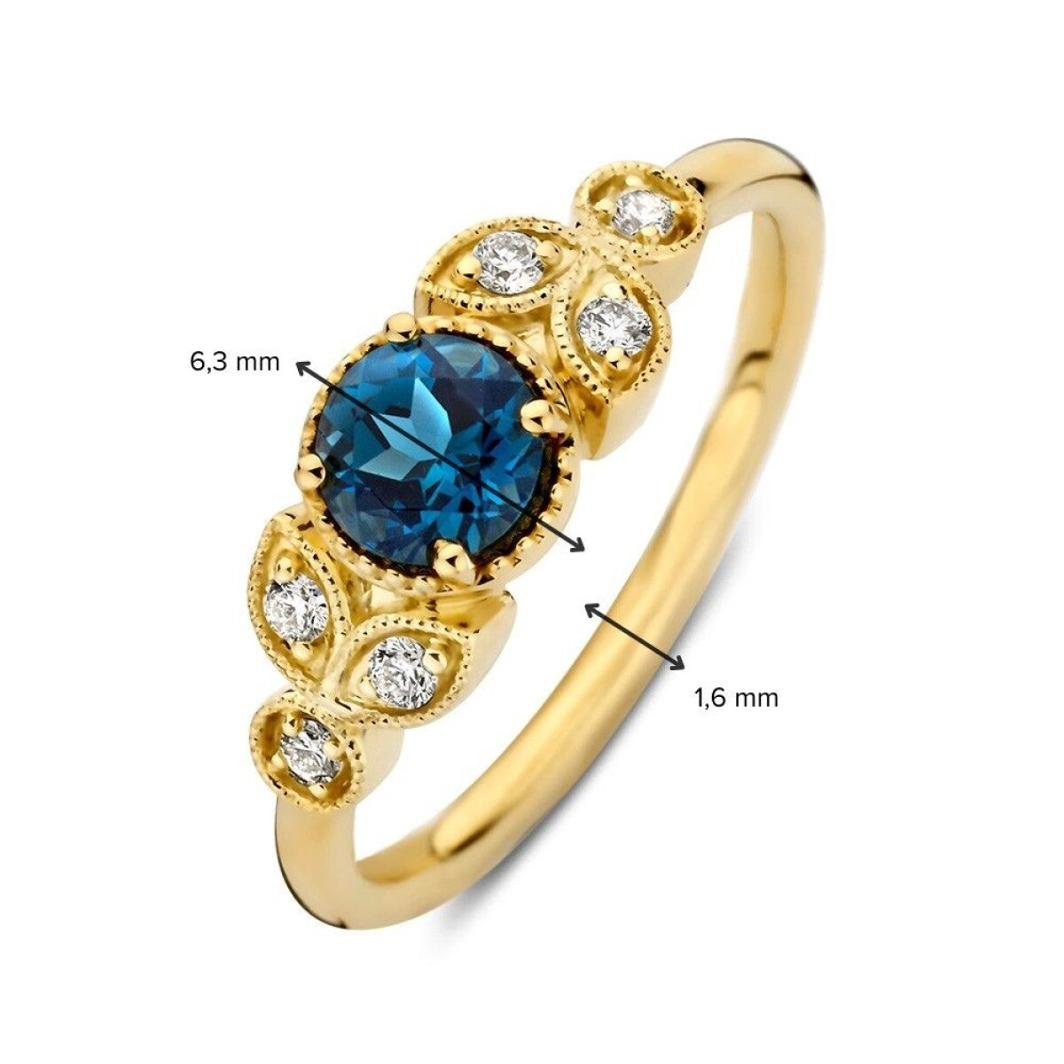 Gouden halo ring met ronde London blue topaas en 0.10 crt diamanten 6.3 mm breed
