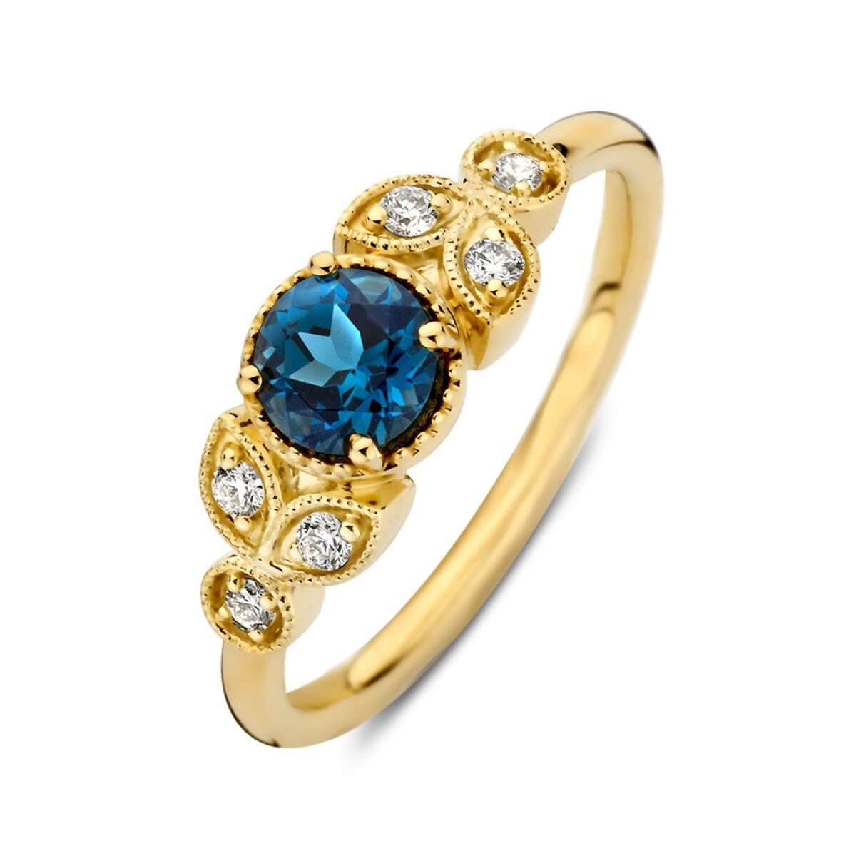 Gouden halo ring met ronde London blue topaas en 0.10 crt diamanten 6.3 mm breed