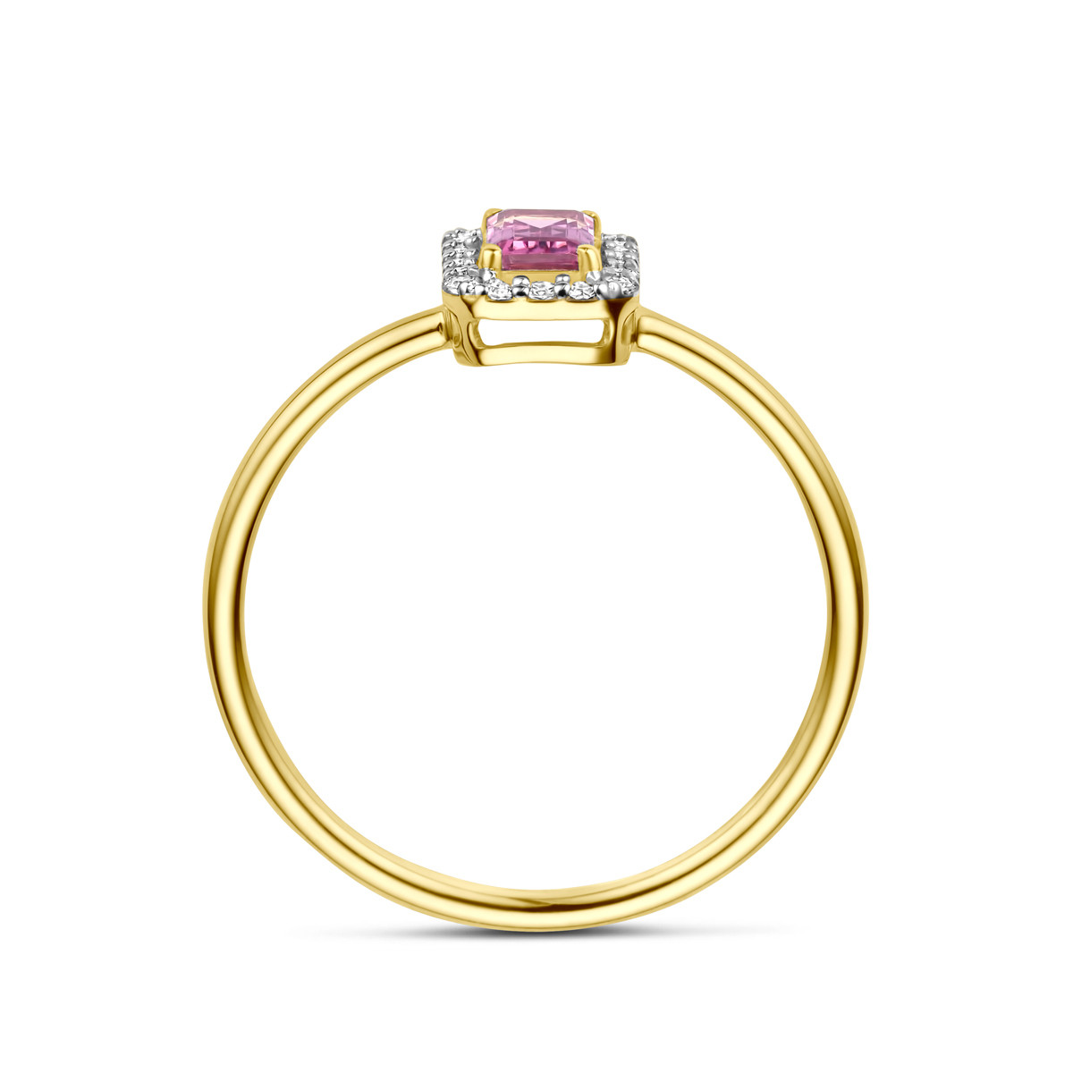 Gouden halo ring net roze toermalijn en diamanten 0.08 crt 6 mm breed
