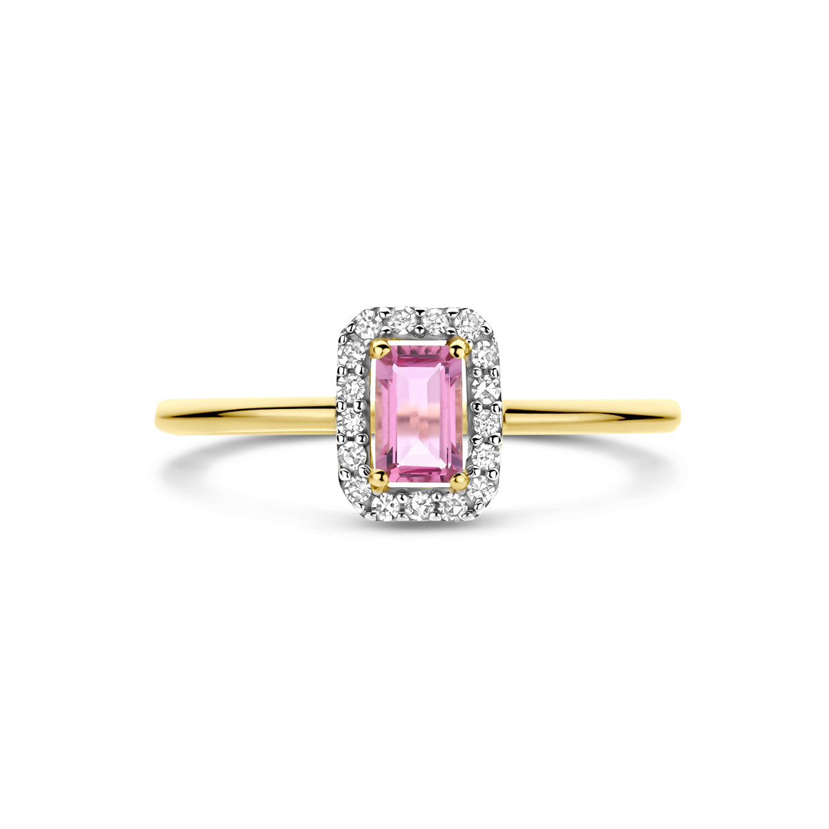 Gouden halo ring net roze toermalijn en diamanten 0.08 crt 6 mm breed