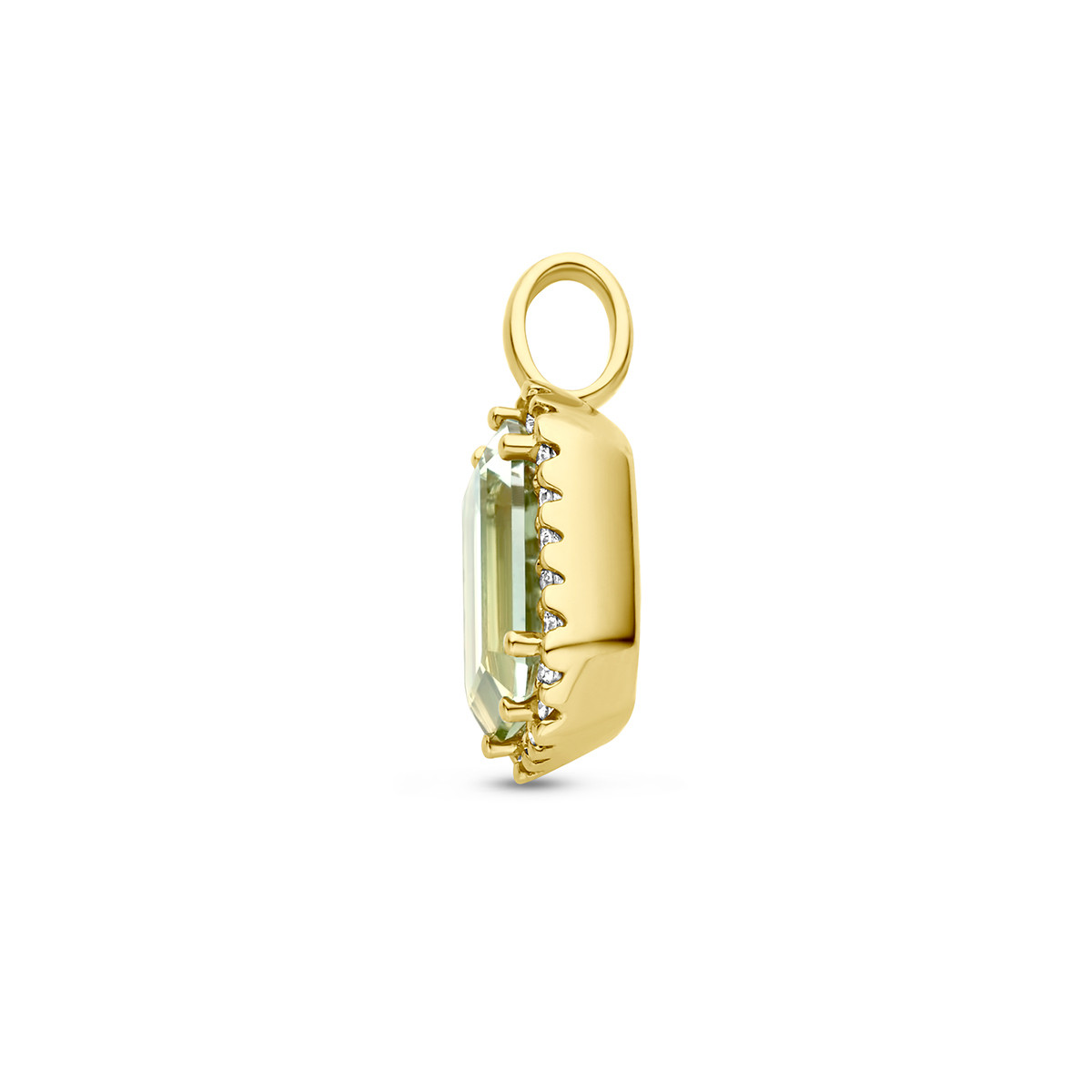 Gouden hanger met groene amethist en 0.10 crt diamanten 8.5 mm breed - Hoogte 14.5 mm