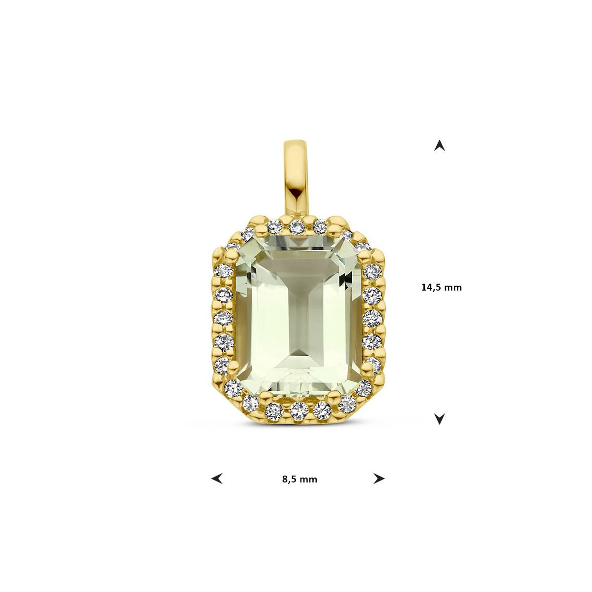 Gouden hanger met groene amethist en 0.10 crt diamanten 8.5 mm breed - Hoogte 14.5 mm