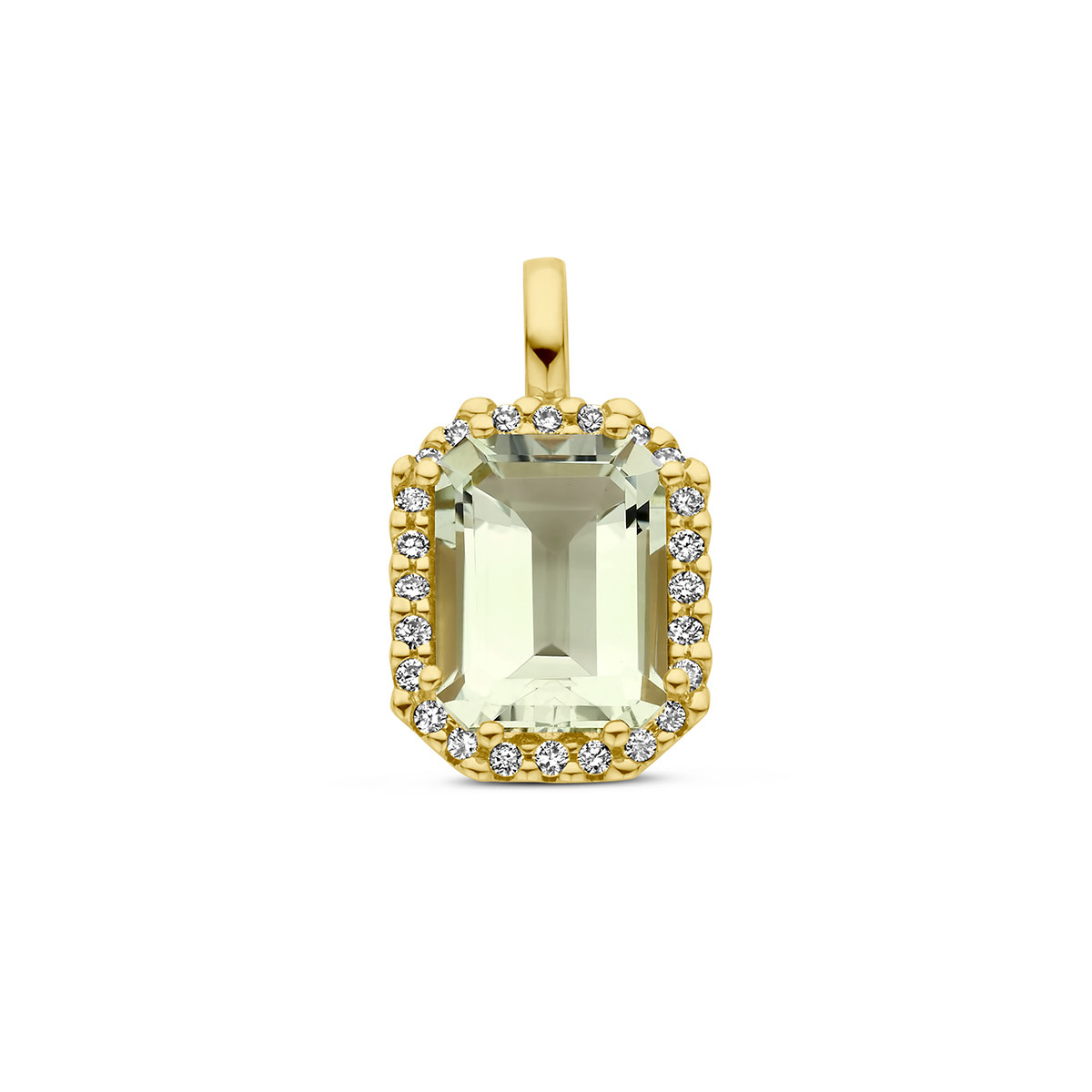 Gouden hanger met groene amethist en 0.10 crt diamanten 8.5 mm breed - Hoogte 14.5 mm