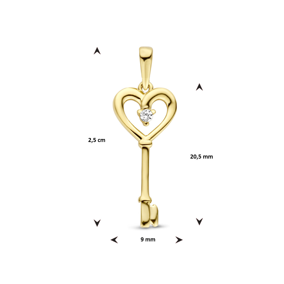 Gouden hanger sleutel met hart en zirkonia