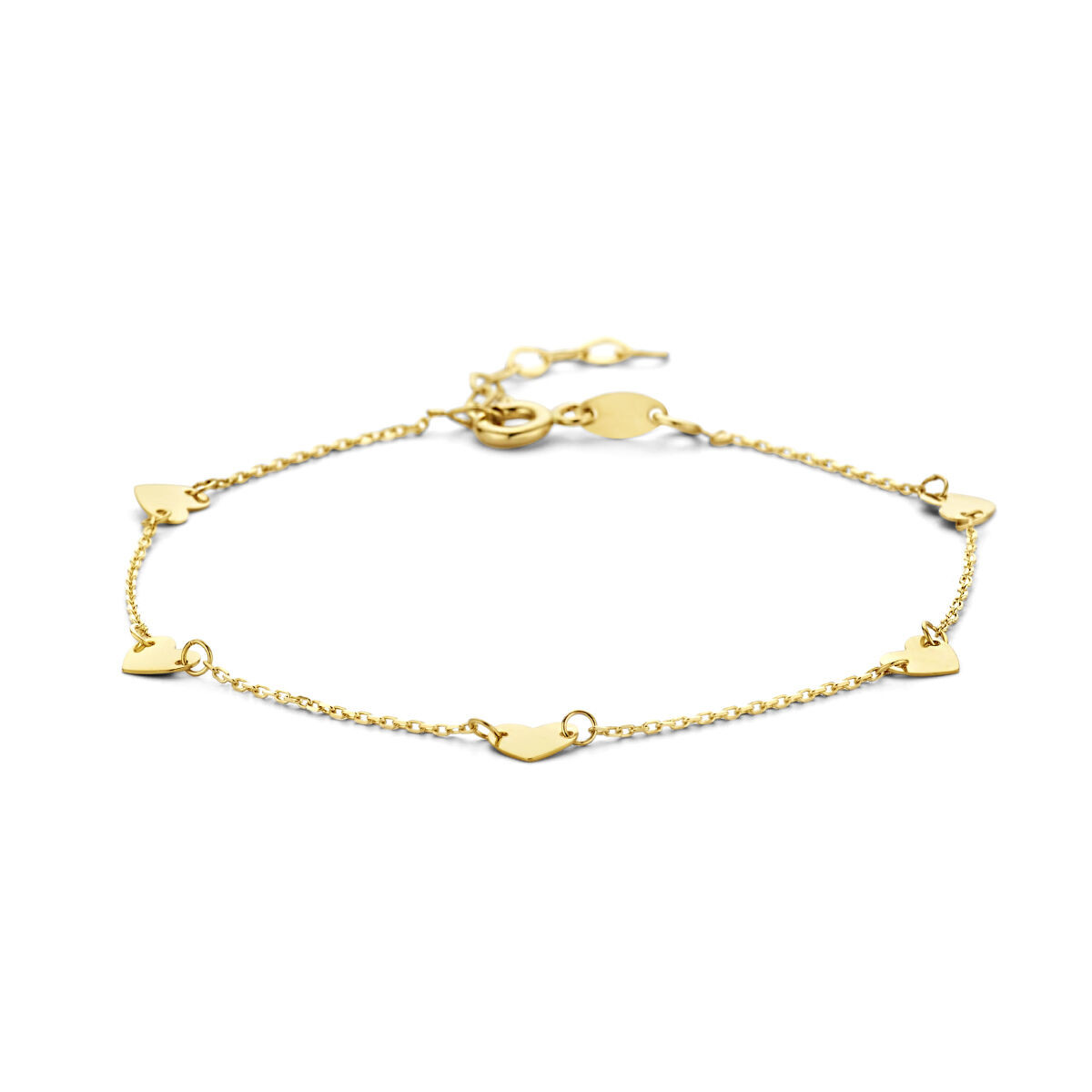 Gouden hartjes armband met vijf hartjes van 4.5 mm - Lengte 16.5 - 18.5 cm