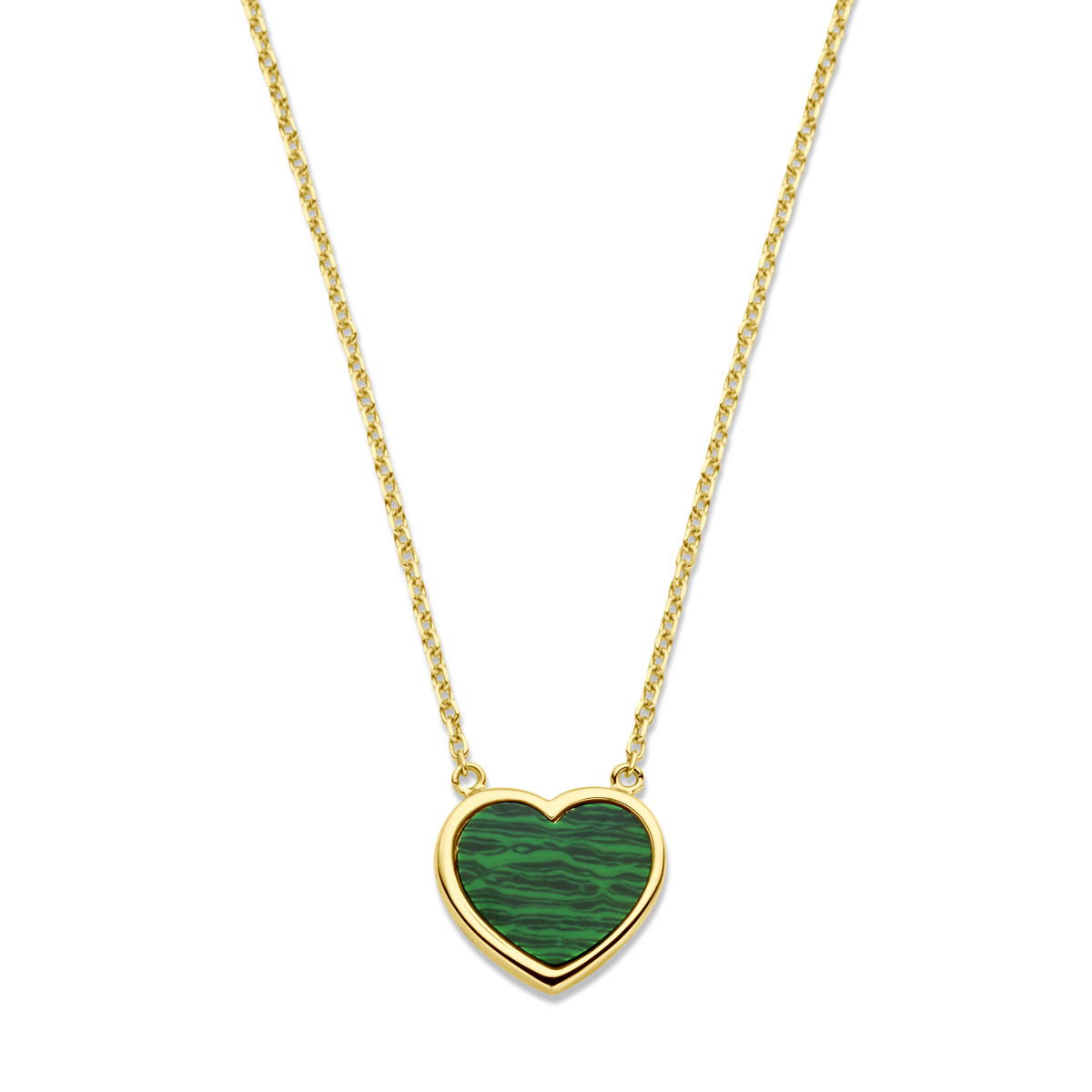 Gouden hartjes ketting met hartje van goud en groene malachiet - Lengte 43-45 cm